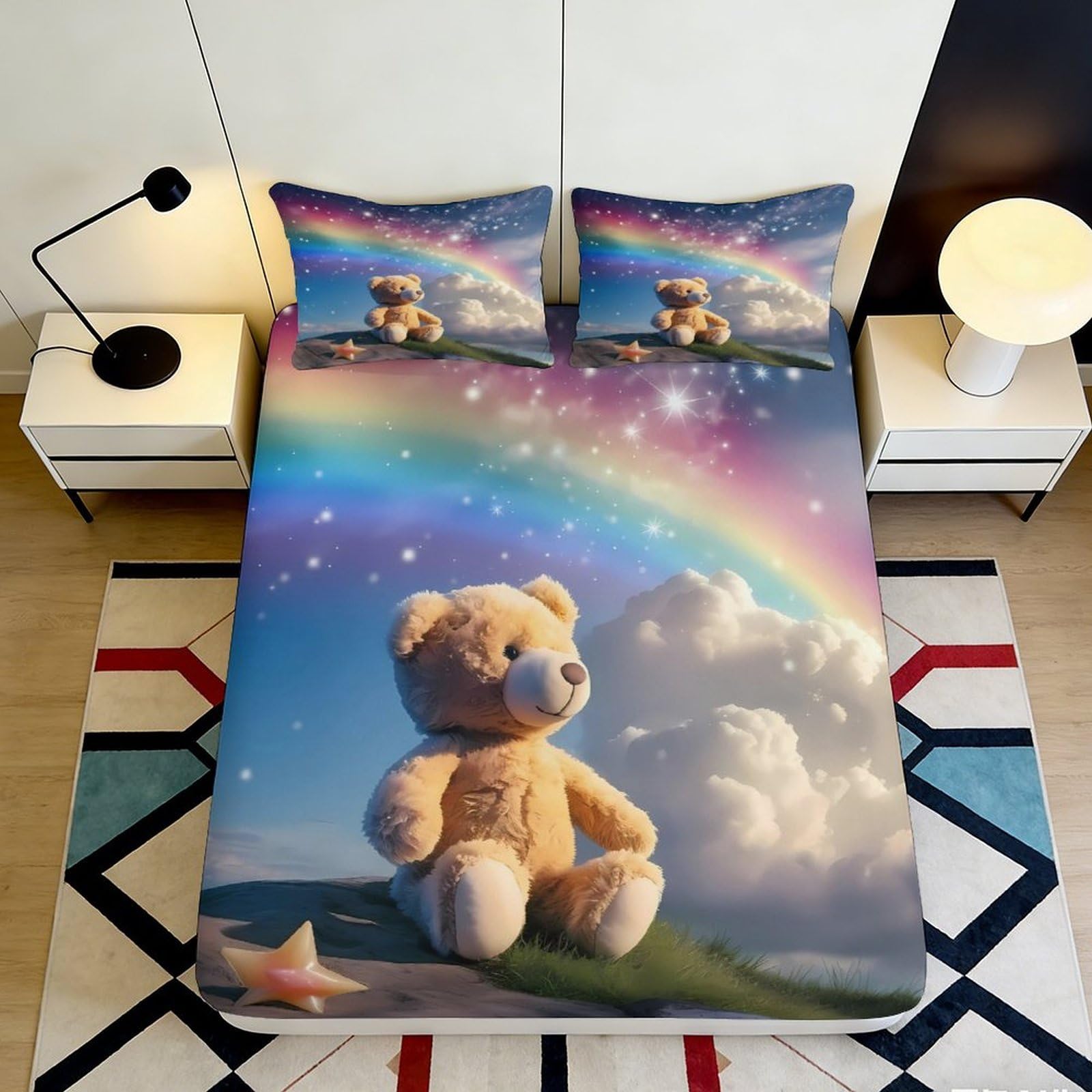 3D Printed Rainbow Teddy Bear Fitted Sheet Microfiber Soft Breathable Starry Sky Bed Cover for Bedroom Dormitory Guest Room Mattress Protection 140x200x25cm