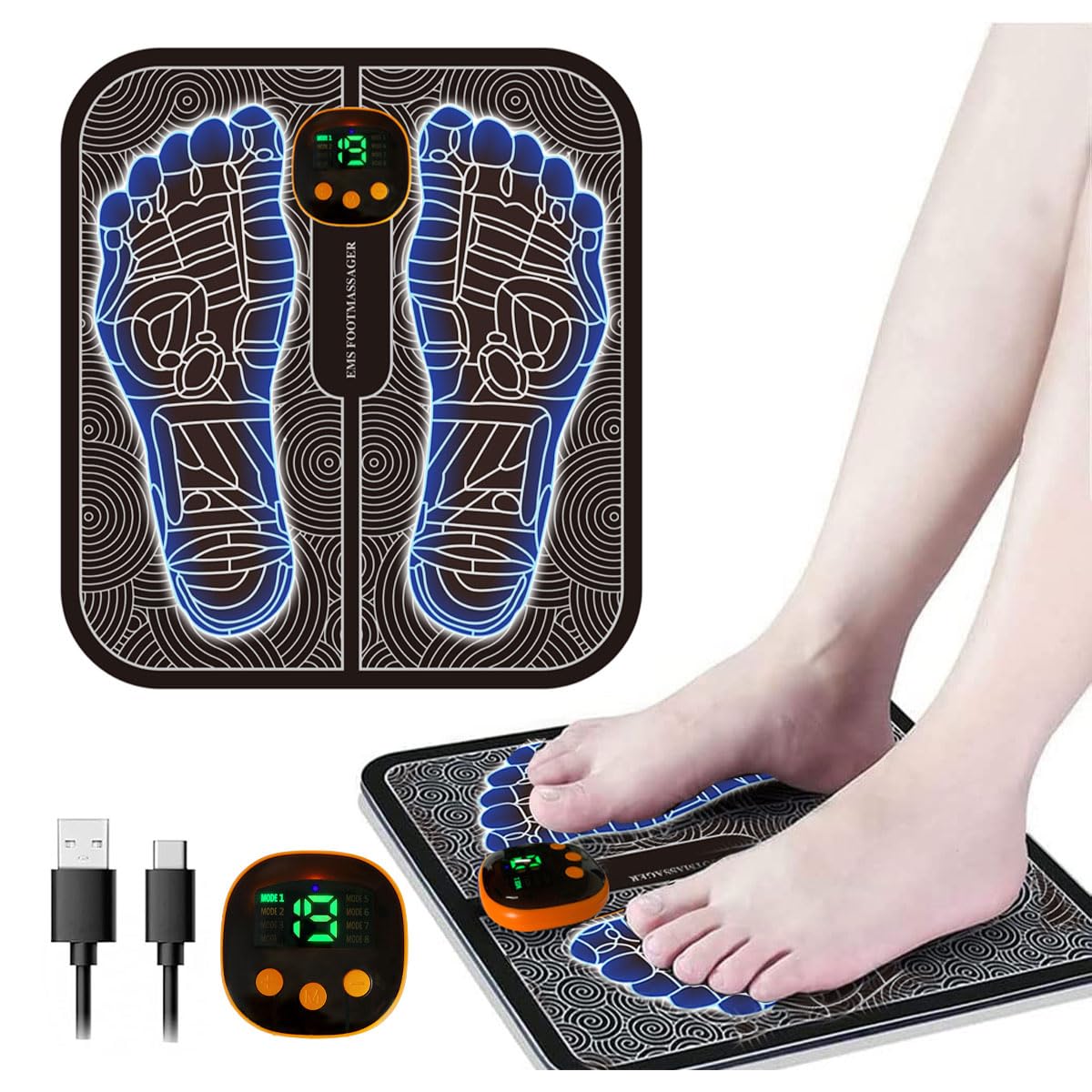 Masajeador de Pies Eléctrico, EMS Foot Massager Masajeador de Piernas Portátil con 8 Modos y 19 Frecuencias Ajustables, para Masaje de Pies para Aliviar el Dolor y la Circulación Sanguínea