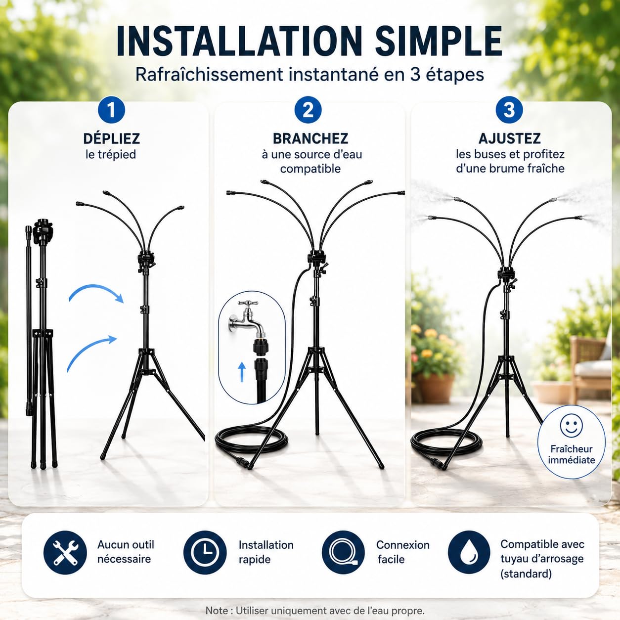 Brumisateur Terrasse sur Pied, Système de Brumisation Extérieur Réglable avec 4 Buses, Pulvérisateur d’Eau Portable pour Jardin, Patio, Piscine, Barbecue et Rafraîchissement d’Été (Noir)