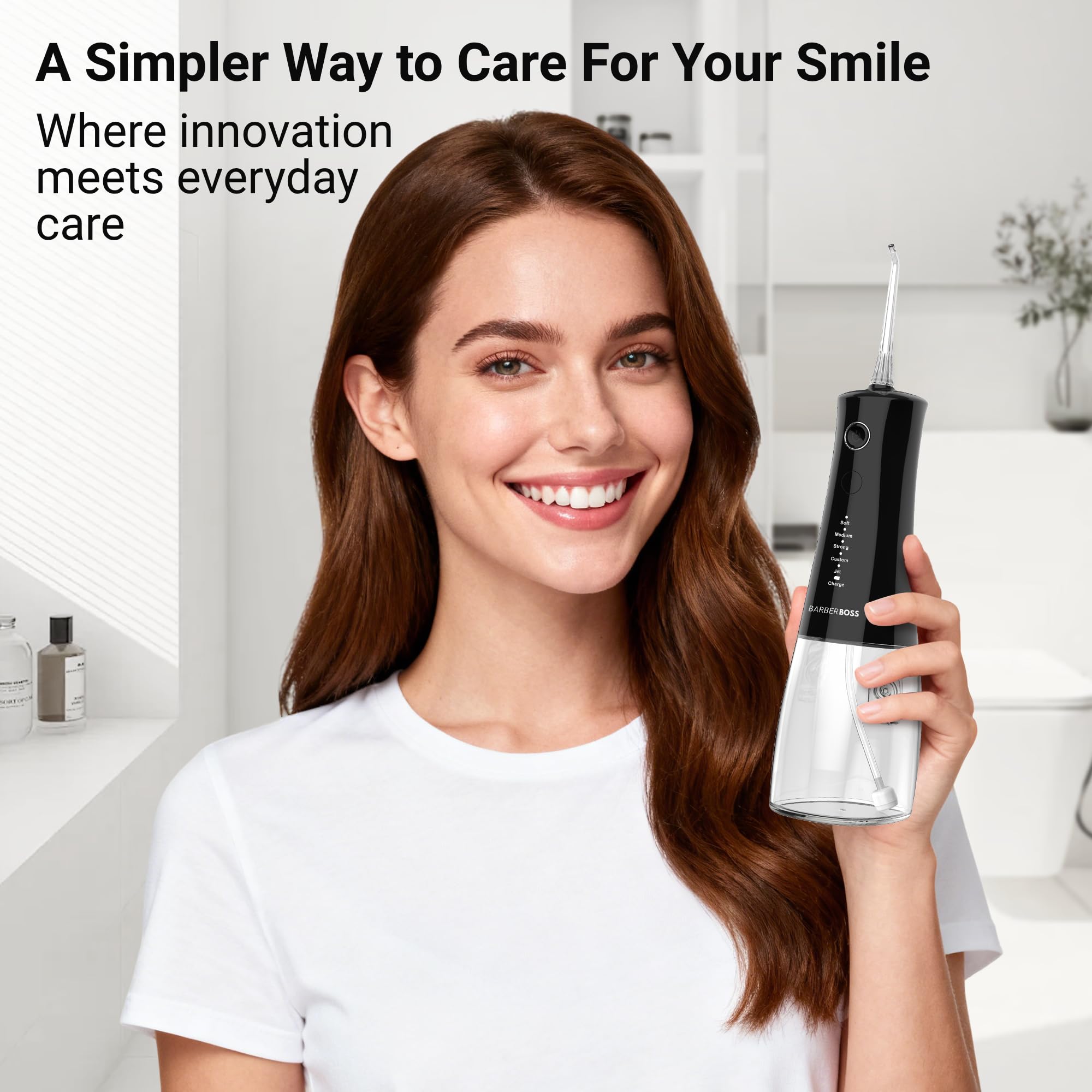 BarberBoss Hydropulseur sans fil, irrigateur buccal avec 4 embouts de jet et 5 modes de pression, nettoyeur professionnel pour dents et gencives, réservoir d'eau de 340 ml et étanchéité IPX8, QR-7105