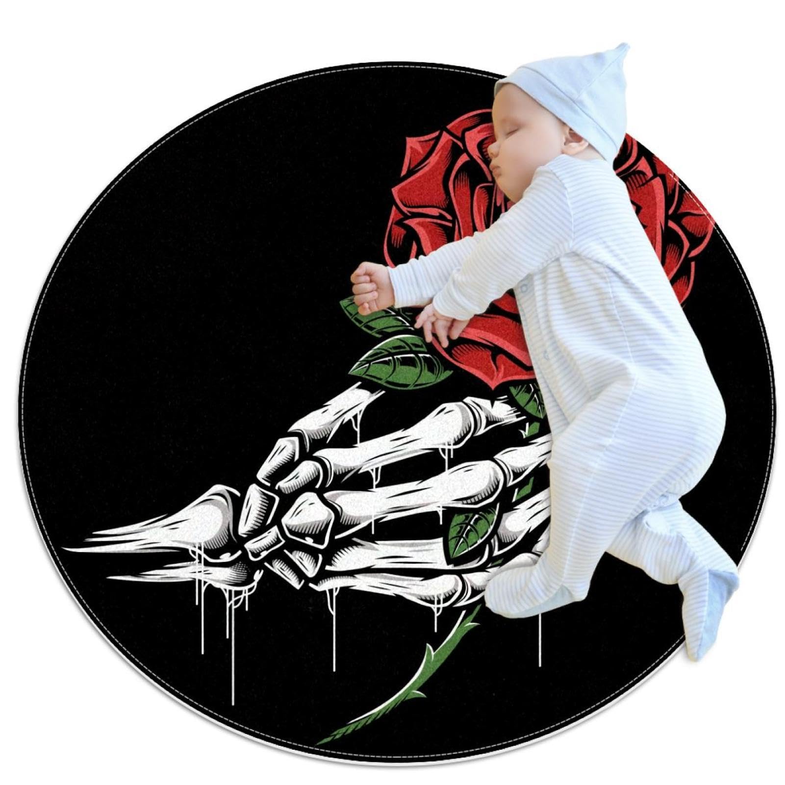 Tapis de salle de bain tête de mort et rose rouge rond 1m