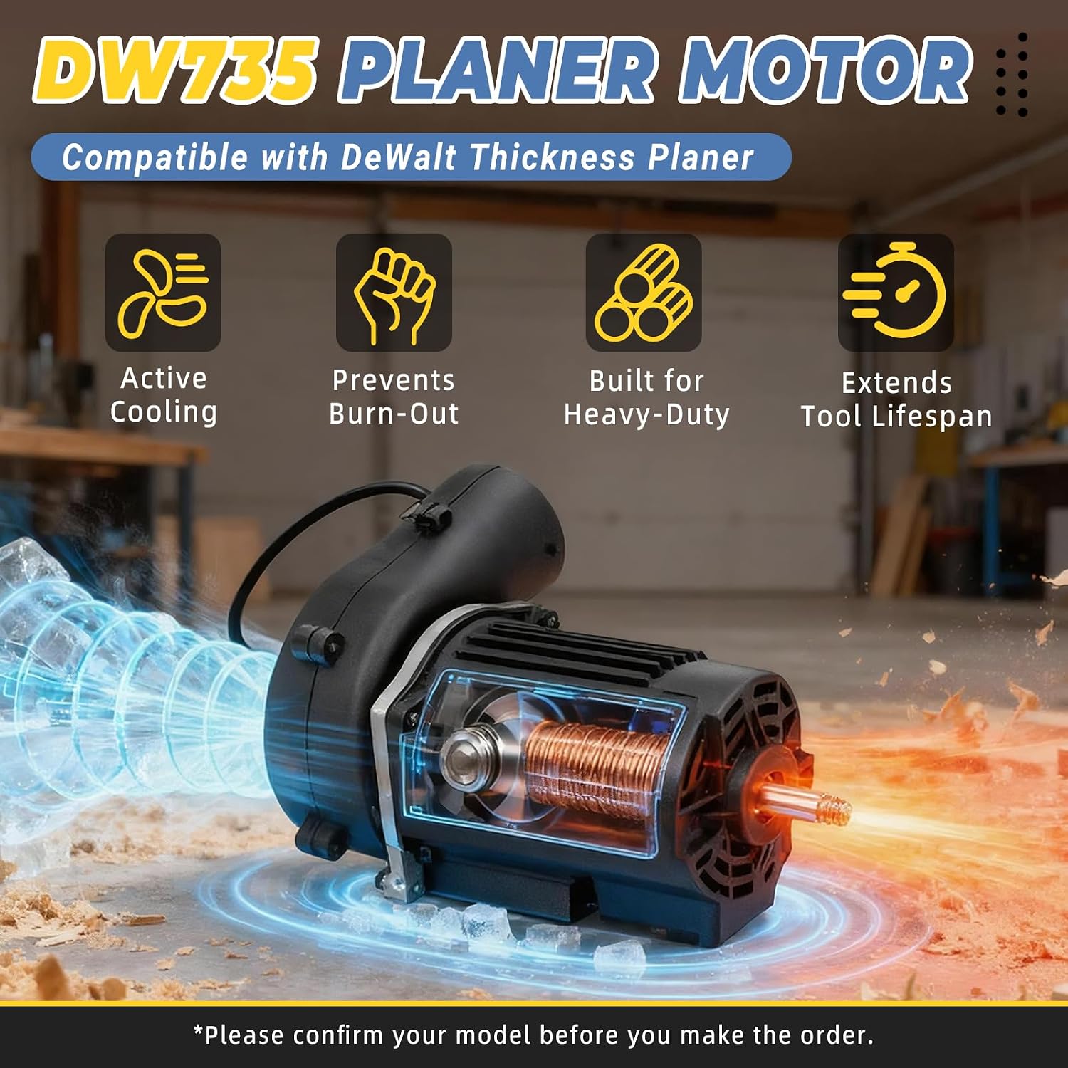 Ytricas DW735 Planer Motor with Fan Compatible with DeWalt Thickness Planer 120V - Replace DW735X Planer Type 1 Type 2 Motor Assembly
