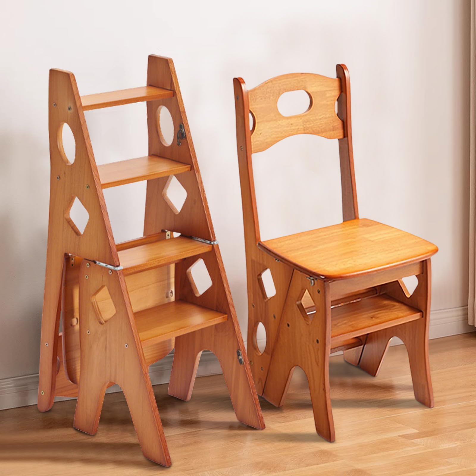 Taburete de 4 peldaños, plegable, escalera de madera, 4 peldaños, escalera de madera maciza, taburete escalera de madera, escalera de madera, plegable, para biblioteca, oficina, salón