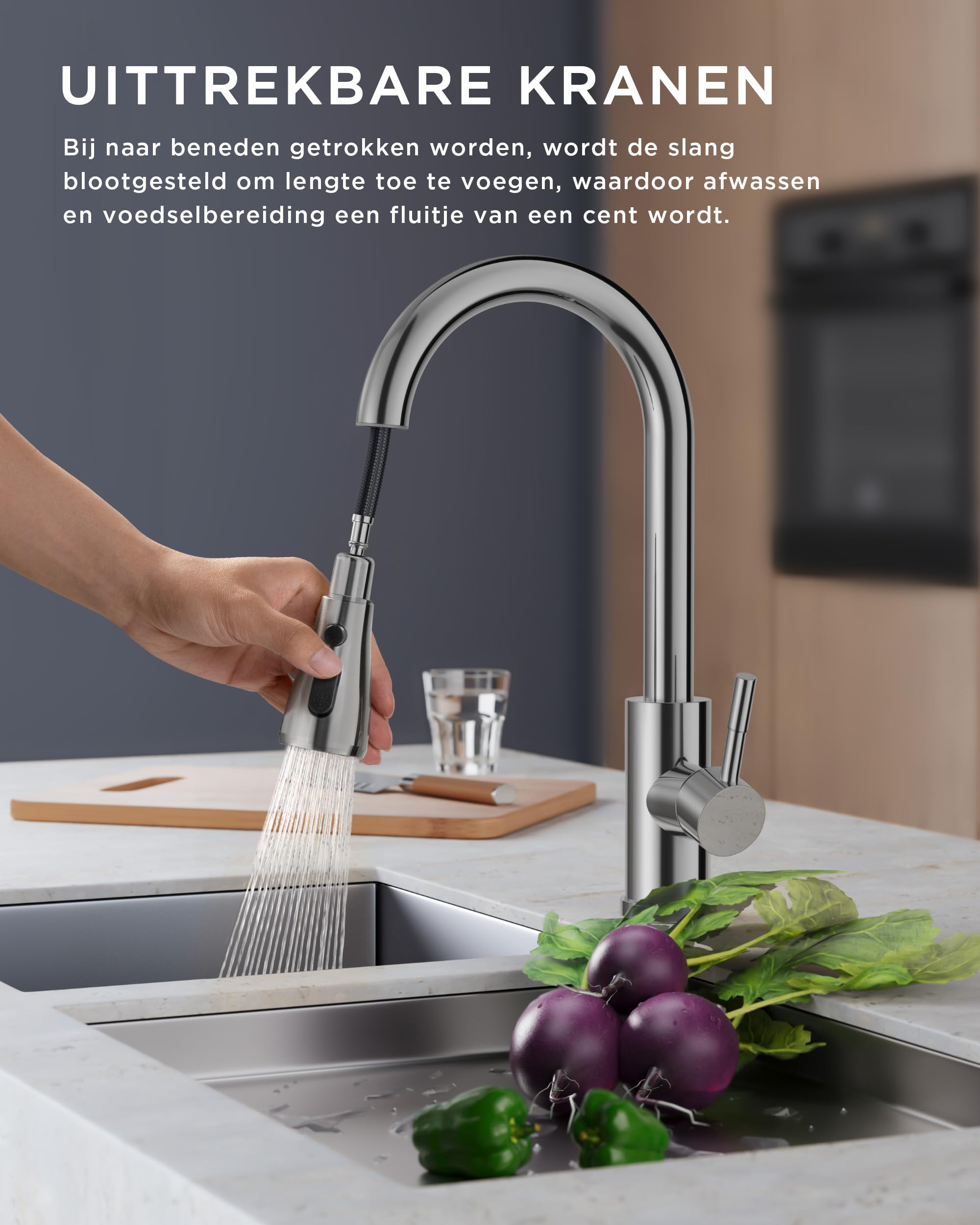 FORIOUS Keukenkraan, Keukenkraan met Uittrekbare Douche, Hogedruk Keuken Mengkraan, 360° Draaibare, 2 Waterstraalsoorten met Hoge Boog, Geborsteld Goud