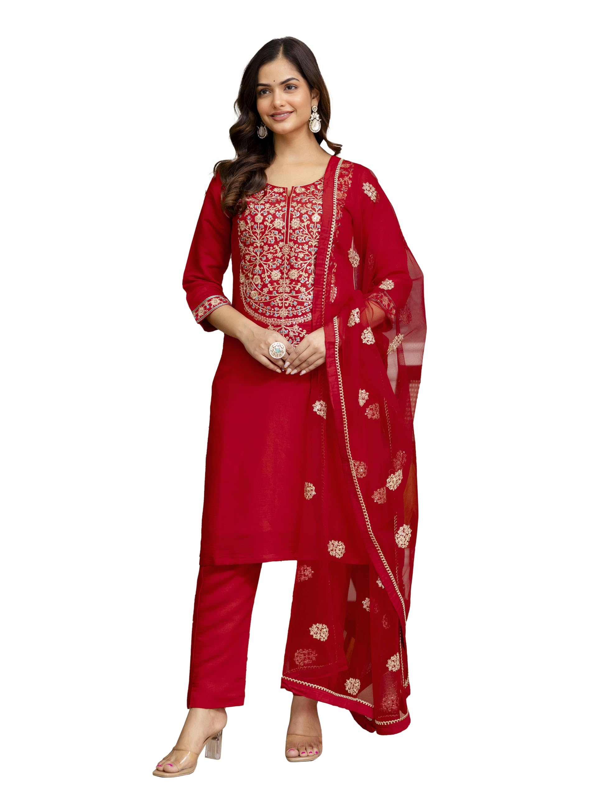 trendmalls Women's Chanderi Silk Embroidery Work Kurta Pant with Net Dupatta For Women-picture-37
