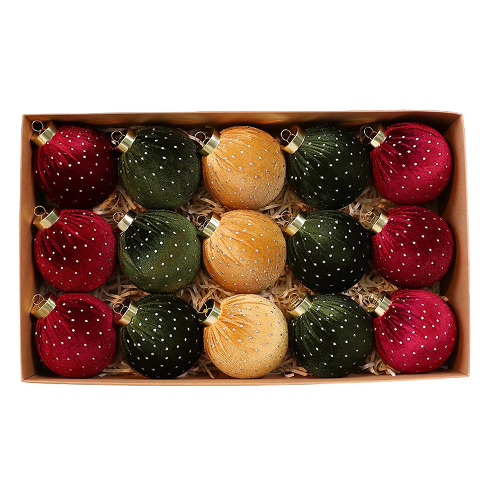 Boules de Noël en velours : lot de 15 suspensions floquées style rustique pour sapin