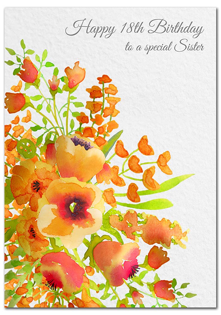 Extra Large Sister 18th Birthday Card - XL Big thick A4 size - Special Age Year Greeting Her Women Female - Beautiful Art Flower Bouquet Watercolour - Nice Huge Happy Wishes UK Eco-Friendly
