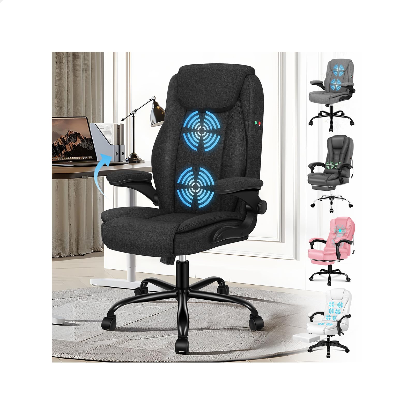ELFORDSON Massage Home Office Chair, Mid-back Executive Work Chairs with 90° Flip-up Armrests, Adjustable Height, Swivel, Ergonomic Heavy-duty Desk Work Chair, PU Leather, Grey — image 1