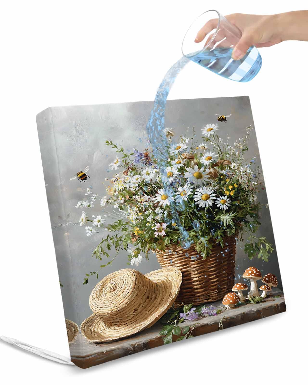 Hokiten Spring Floral Outdoor Cushion Chair Cover Set of 4 - Waterproof Couch Seat Covers, Summer Flower Pastoral Watercolor Bee Patio Furniture Protector Cushions Slipcovers for Sofa/RV, 24