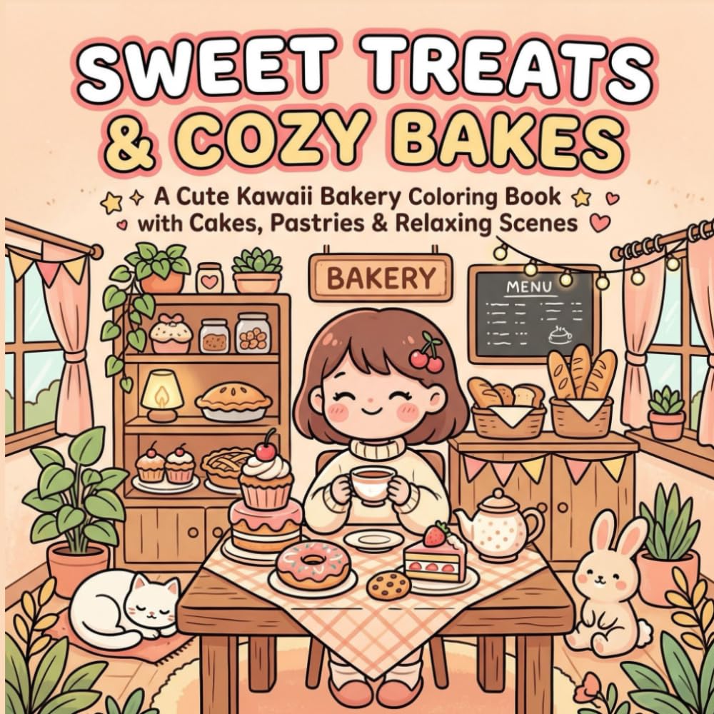 Sweet Treats & Cozy Bakes: A Kawaii Bakery Coloring Book for Adults and Teens with Cute Desserts, Delicious Pastries, and Relaxing Cafe Scenes for Stress Relief