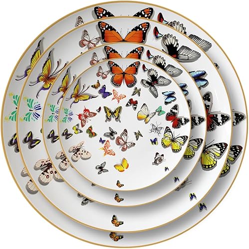 Miniatura 6 de Butterfly Bone - Plato de porcelana de porcelana de 10.5 pulgadas, plato de borde dorado, juego de 4, para ensalada, aperitivo, microondas y