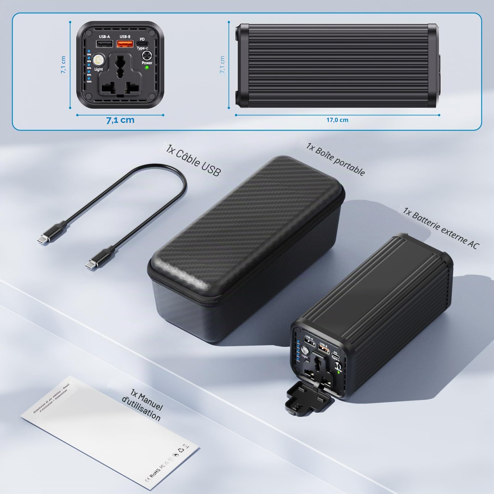 Power Bank 27000 mAh 98 Wh Batterie externe avec prise AC 100 W Chargeur portable avec PD 65 W Chargeur de voyage universel pour ordinateur portable, MacBook, tablette, téléphone portable, extérieur