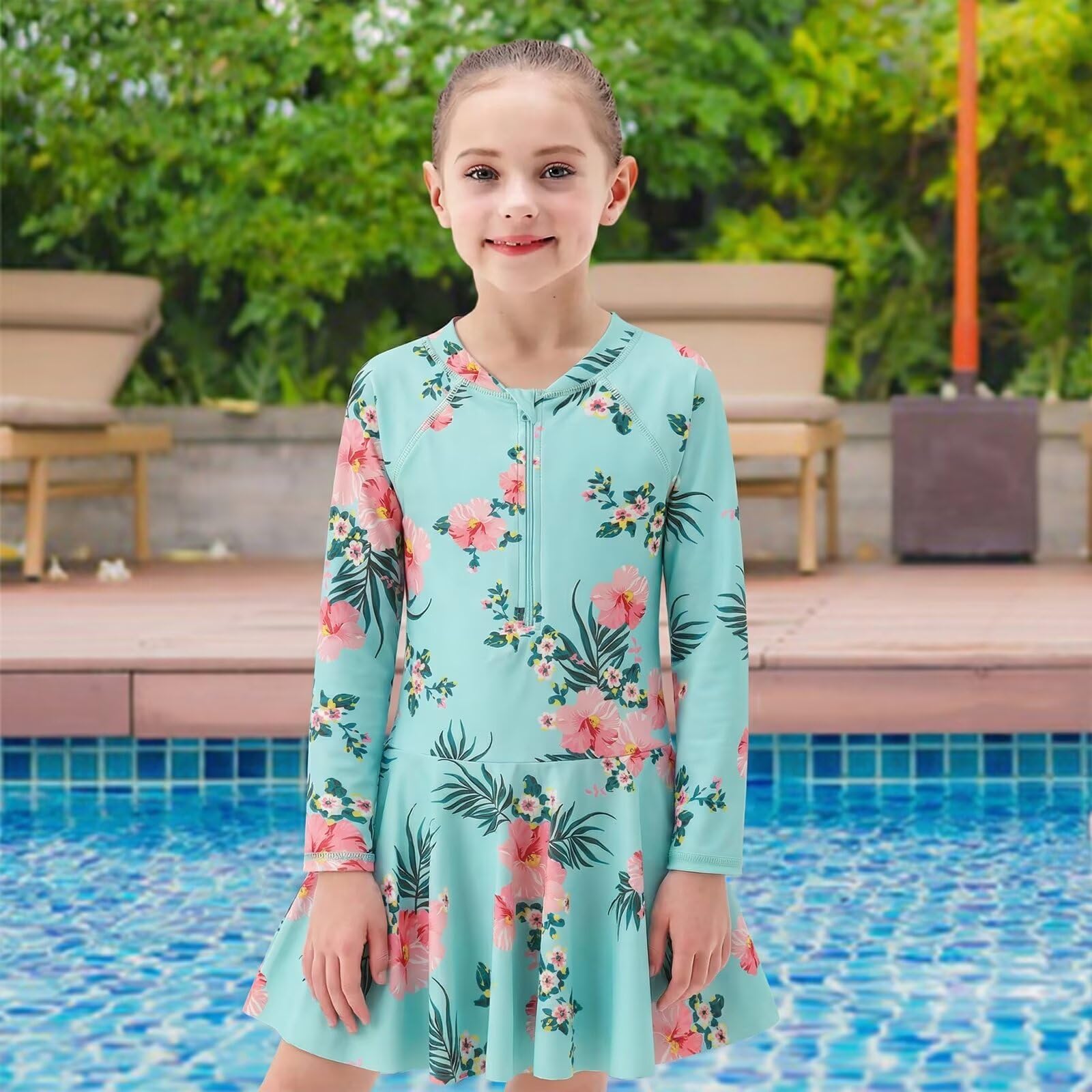 Costume da bagno intero per bambine, a maniche lunghe, età 5-16 anni