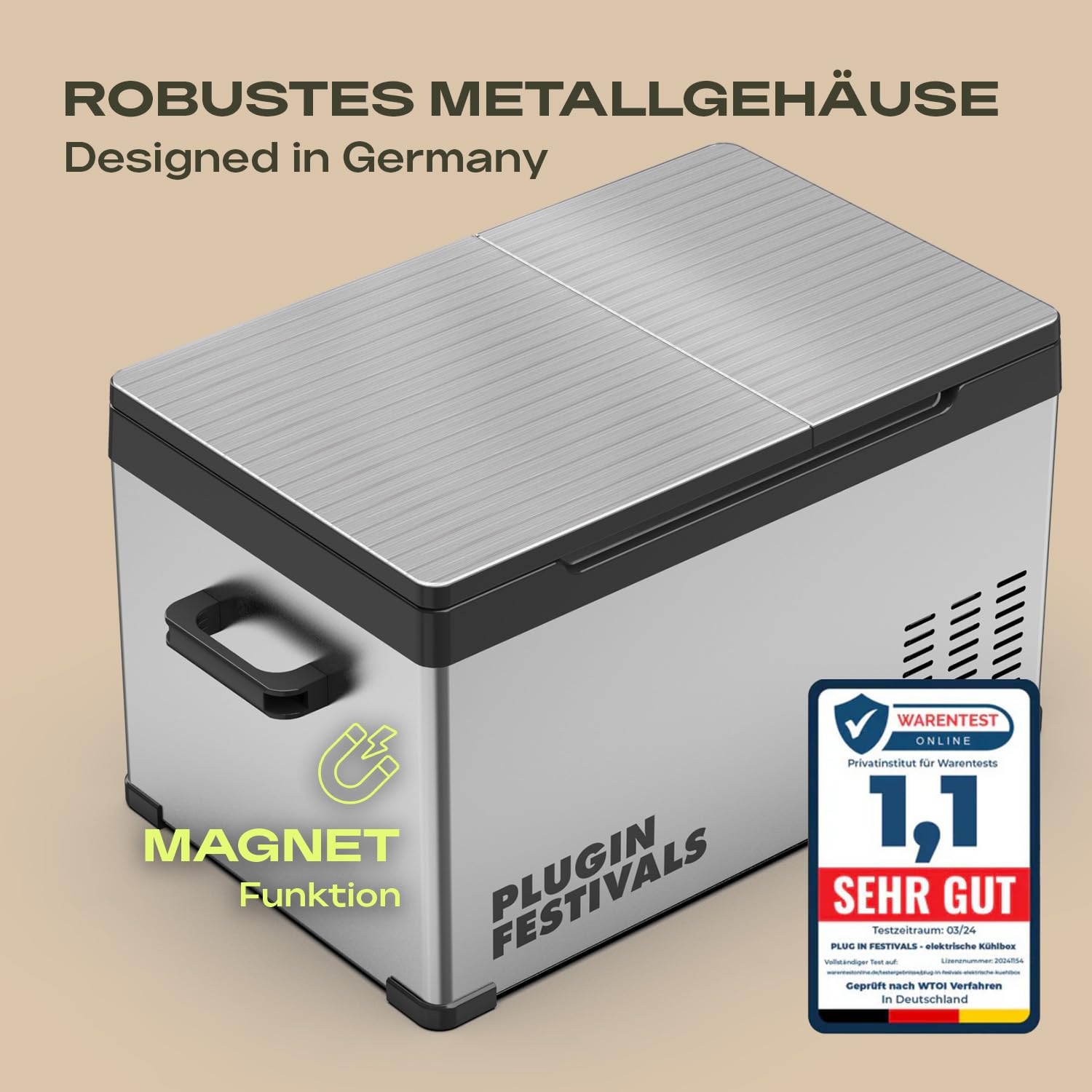 PLUG IN FESTIVALS elektrische Kühlbox - 2 Fächer Kompressor Kühlbox 12v 230v - bis -20 Grad & App-Steuerung - Gefrierbox Auto & Camping - DUAL Ice Cube elektrisch (38 Liter)