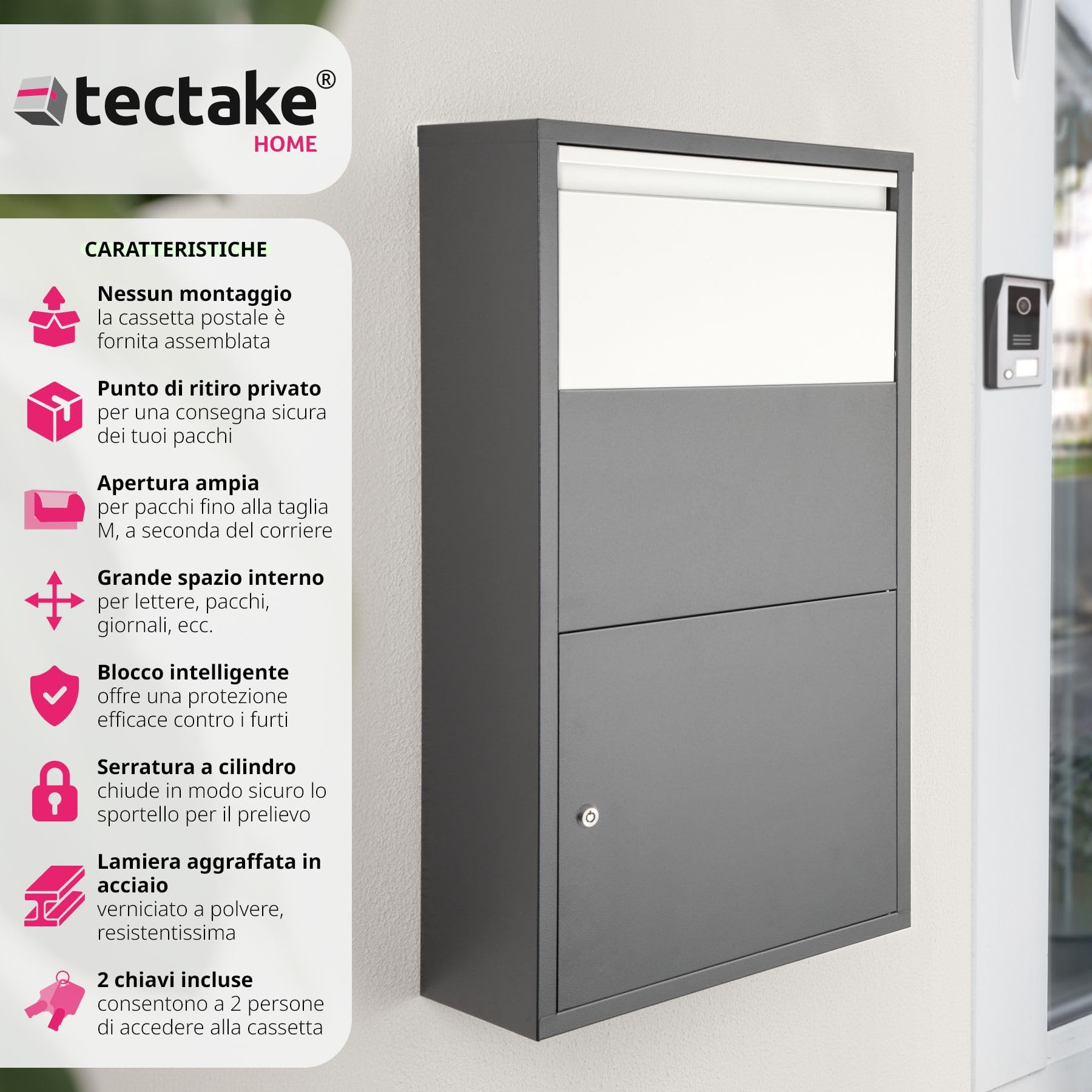 tectake® Cassetta per Pacchi, Cassetta della Posta Preassemblata, Apertura Cassetta Postale per Esterni con Blocco Antifurto, Serratura Cilindrica con Due Chiavi, Cassetta Lettere 44 x 22 x 82 cm
