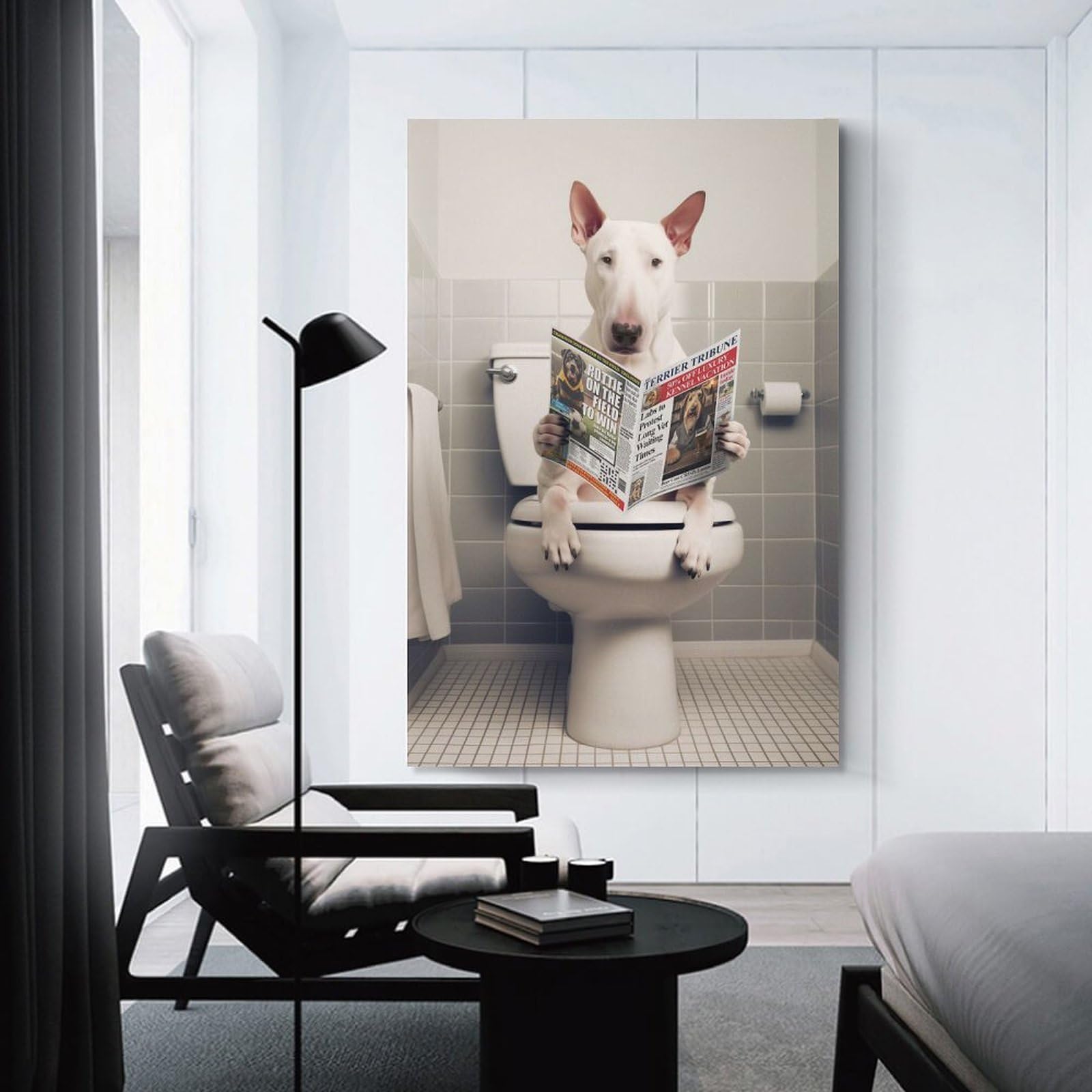 Junmoney Unframe-Style-4 Canvas Art Print Bull Terrier On The Toilet, 24X36inch(60X90cm), For Office, Study Or Home Workspace, Wall Art That Adds Style To Work Areas