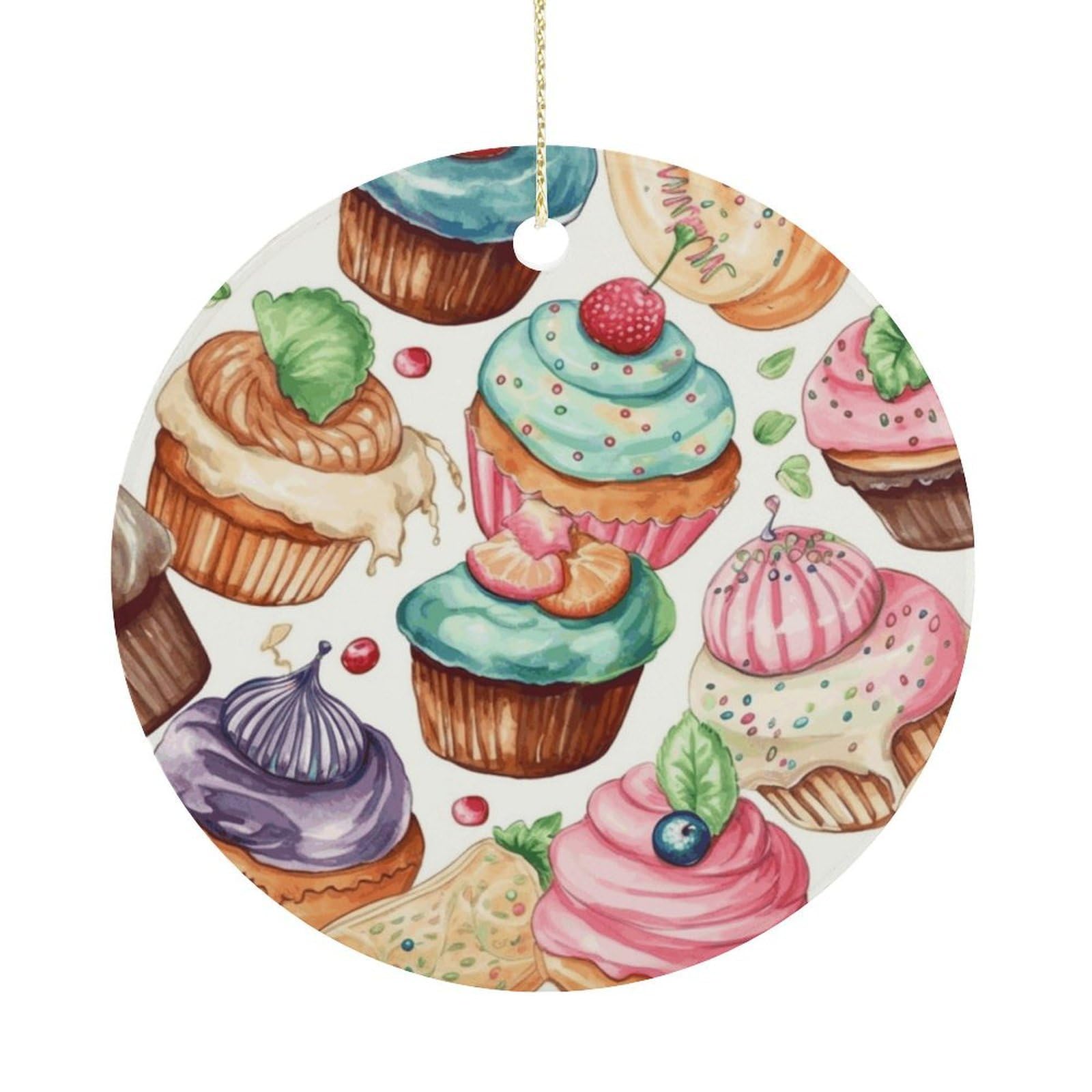 Cupcakes Donuts Muffins Sugar Christmas Ornaments Colorful Round Ceramic Ornament Christmas Hanging Decor Christmas Tree Decorations Xmas Keepsake for Women Men Xmas Holiday Party