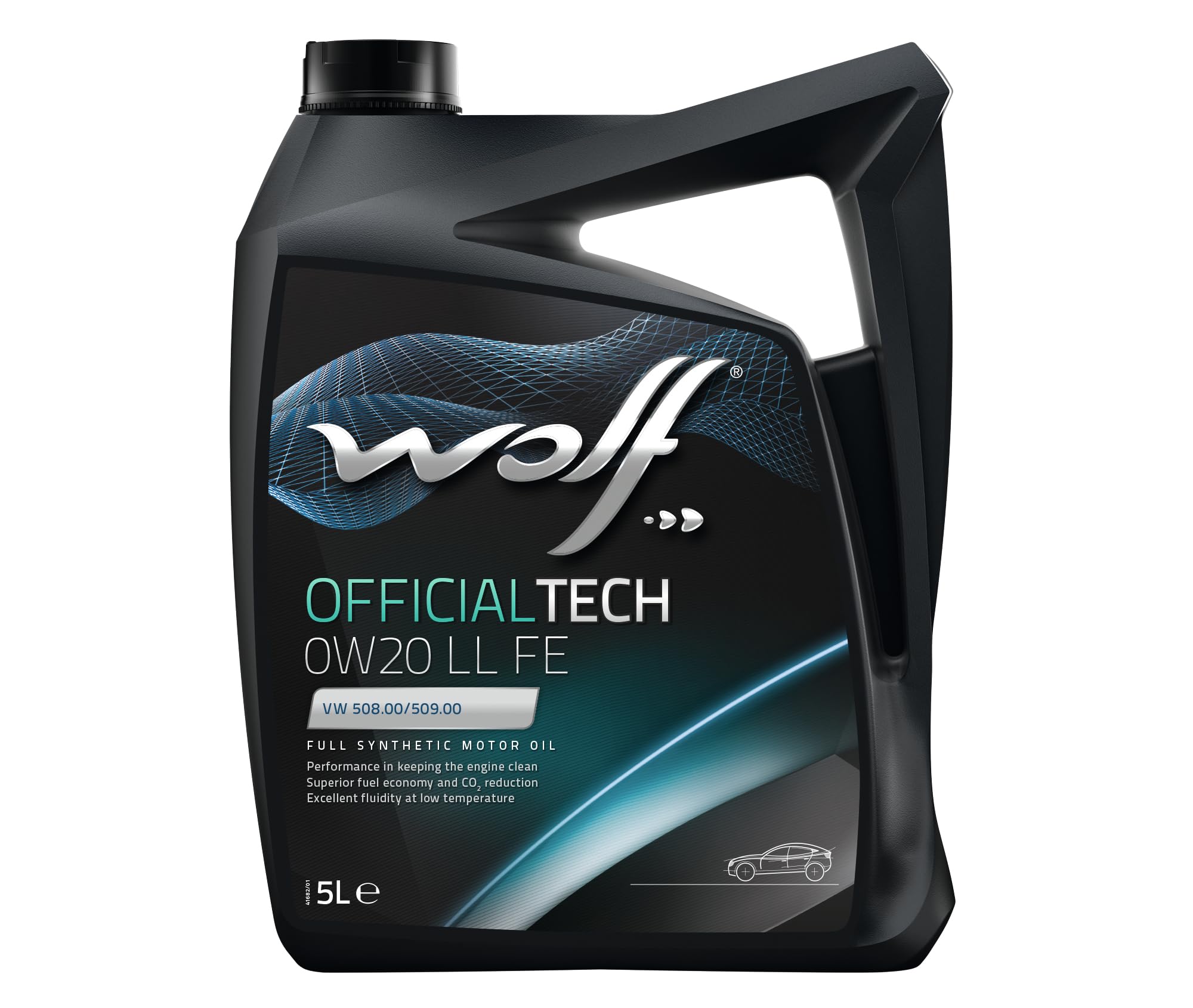 WOLF Aceite de motor Officialtech 0W-20 Aceite sintético 100% 5L Compatibilidad con VW Polo Hatchback 6R1, 6C1 Golf 7 Hatchback 5G1, BQ1, BE1, BE2 T-Roc A11 Golf 8 Hatchback CD1, Audi A3 Sportback 8VA