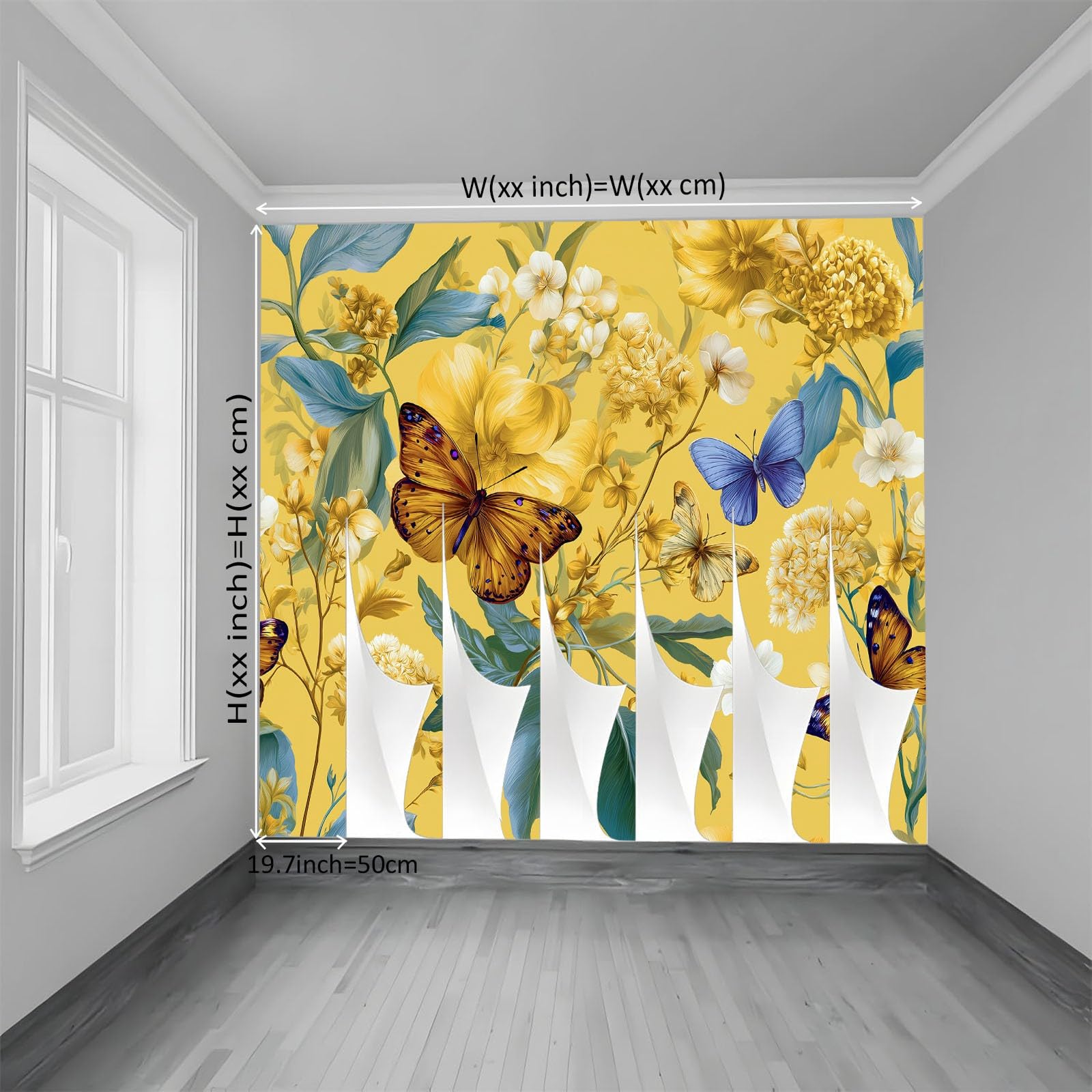 Fototapeta żółta, 300 x 210 cm – fototapeta w stylu retro, wysokiej jakości, włóknina, kwiaty, motyle, nadruk, tapeta do salonu, dekoracji domu, sypialni, kuchni, tapeta ścienna