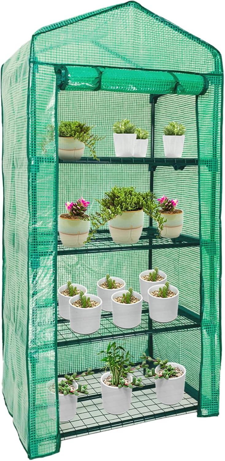 Mini Greenhouse for Outdoor Indoor,4 Tier Small Portable Green Houses with Improved PE Cover,Roll-up Zipper Warm House,Grow House for Seedling and Plant Growing (64x27x20inch),Green