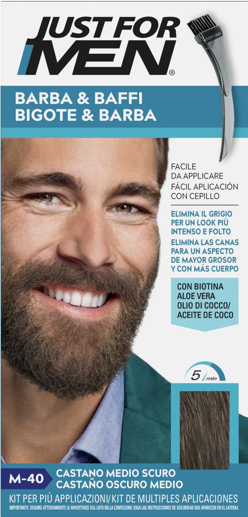 Just for Men Barba y Bigote, tinte para barba para hombre, color castaño oscuro mediano, elimina las canas, con peine aplicador, M40