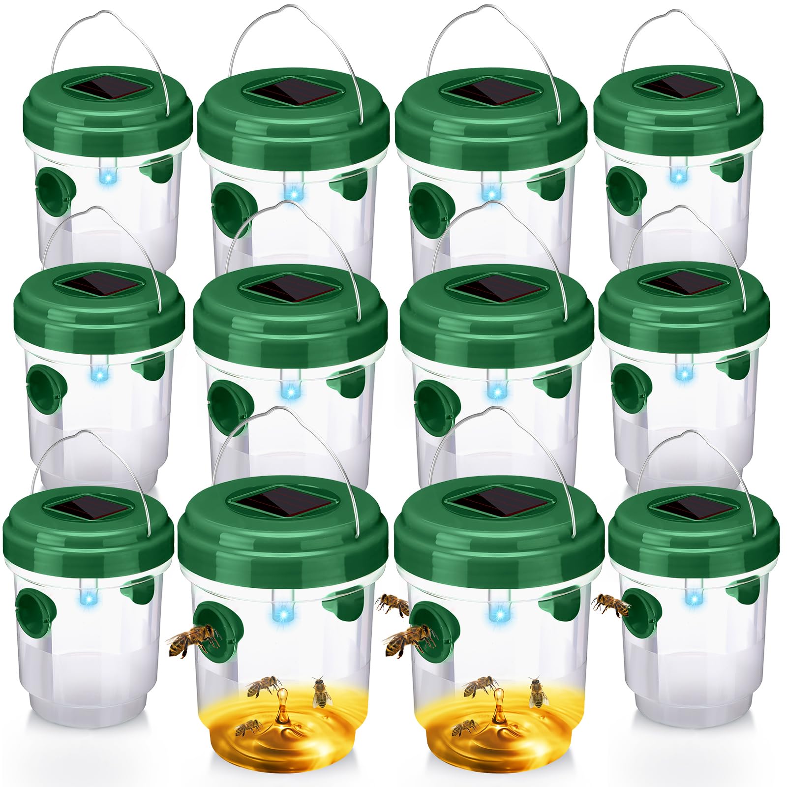 12 Packungen Wespenfalle Solarbetriebene Bienenfalle Wiederverwendbare Fliegenfallen Outdoor Hängende Wespenvernichter mit UV-LED-Licht Fliegende Insekten Bienenvernichter für Innenbereich