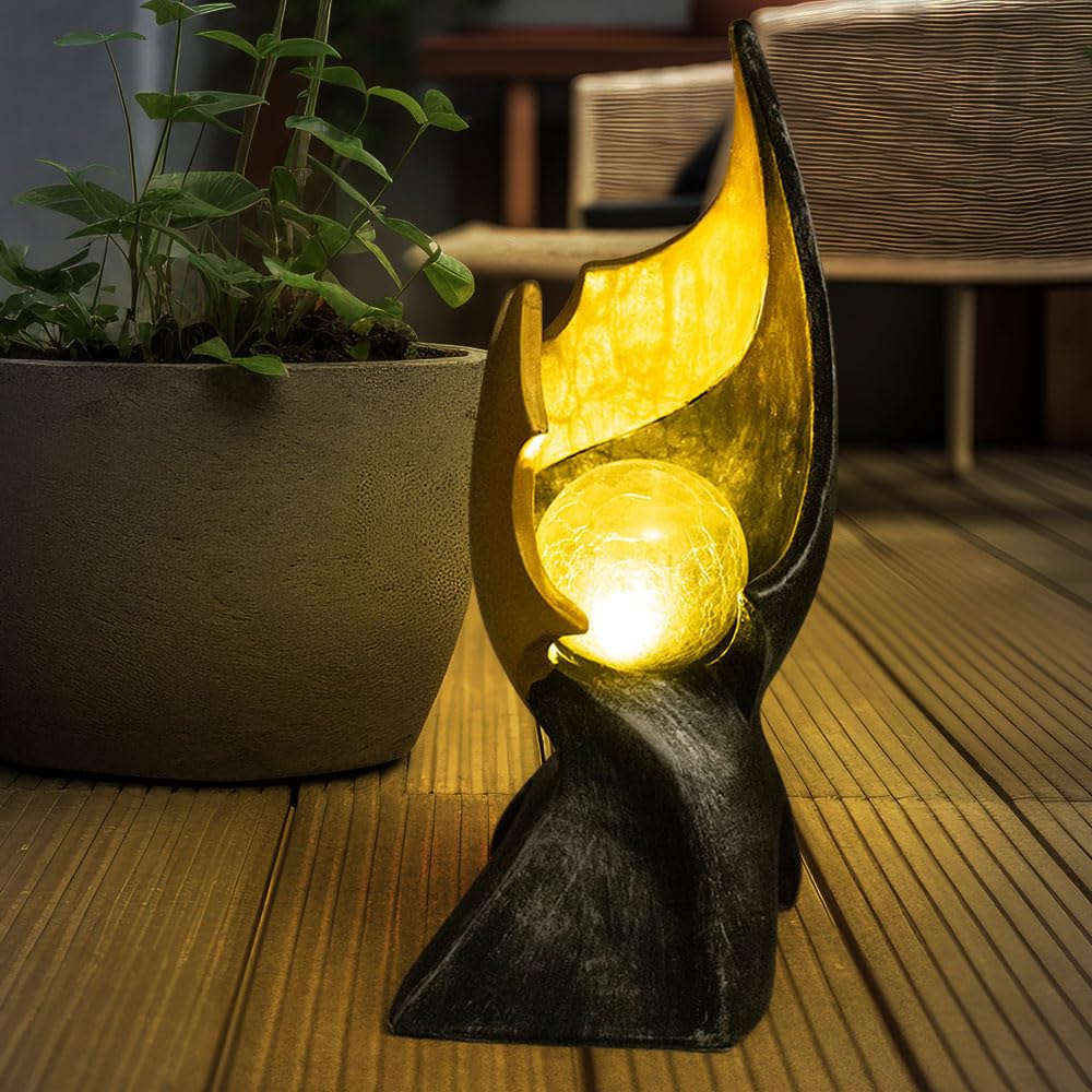 GLOBO LED Solar Flamme Solarlampen für Außen Garten Dekoration Solarleuchte mit Flammeneffekt, gold braune Skulptur mit bezauberndem Lichteffekt, 1x LED warmweiß, H 36 cm, 2er Set