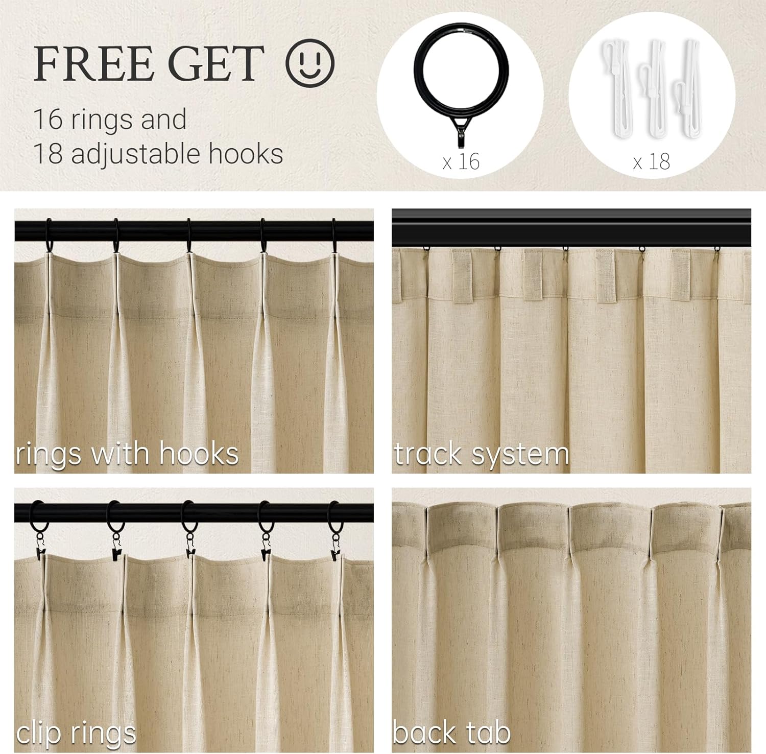 Topfinel Natural Linen Pinch Pleated Curtains 84 Inch Length 2 Panels for Bedroom,Textured Linen Farmhouse Boho Semi Sheer Window Curtain Back Tab Pinch Pleat Drapes with Hooks 84 Inches Long