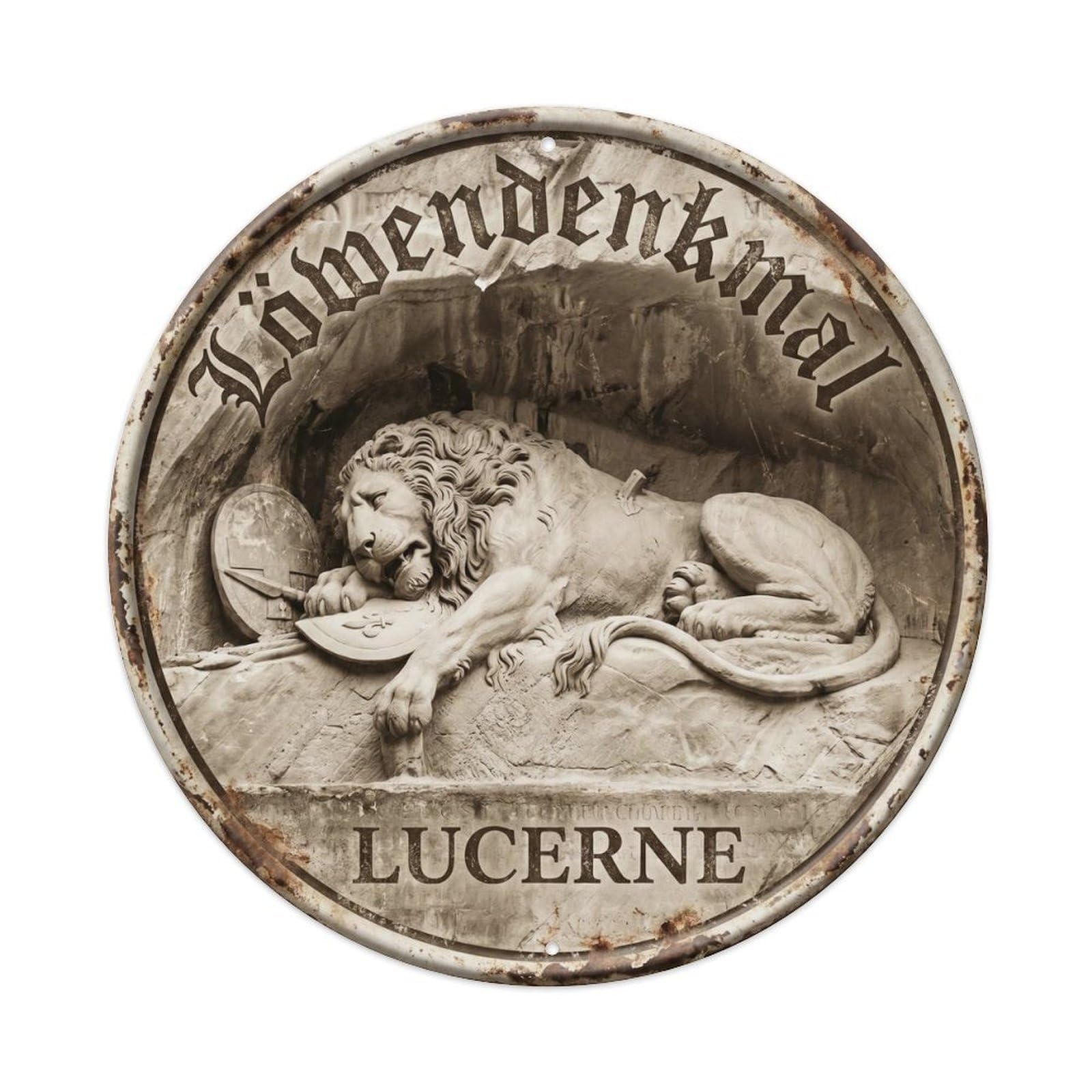 Cmhok Vintage Style-23 Vintage Travel Lion Monument Lucerne Artwork Metal Tin Sign Plaque Wall Decor For Cafe, Club, Garden Round Metal Poster 8X8inch