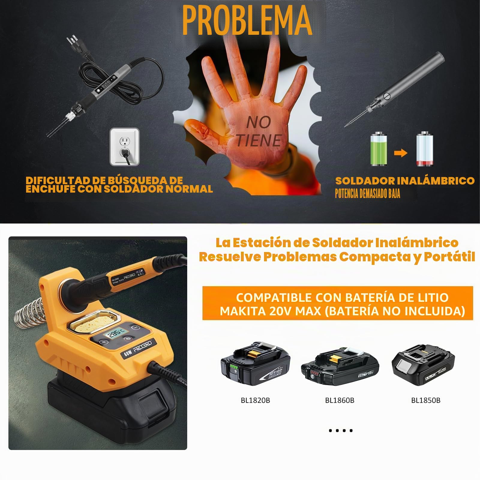 Estación de soldador con batería para Makita de 18 V máx., temperatura ajustable de 100 a 500 ℃, soldador inalámbrico portátil con 6 puntas y pantalla digital (batería no incluida)