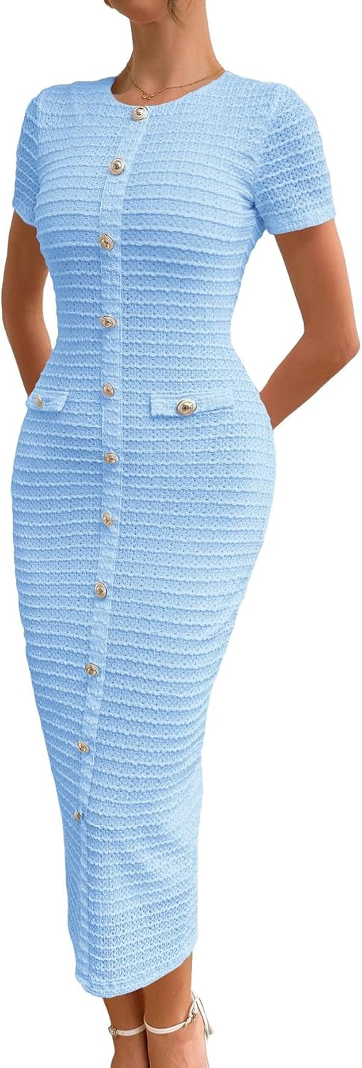 Wellwits Women's Button up Pocket Textured Bodycon Midi Cocktail Work Dress
