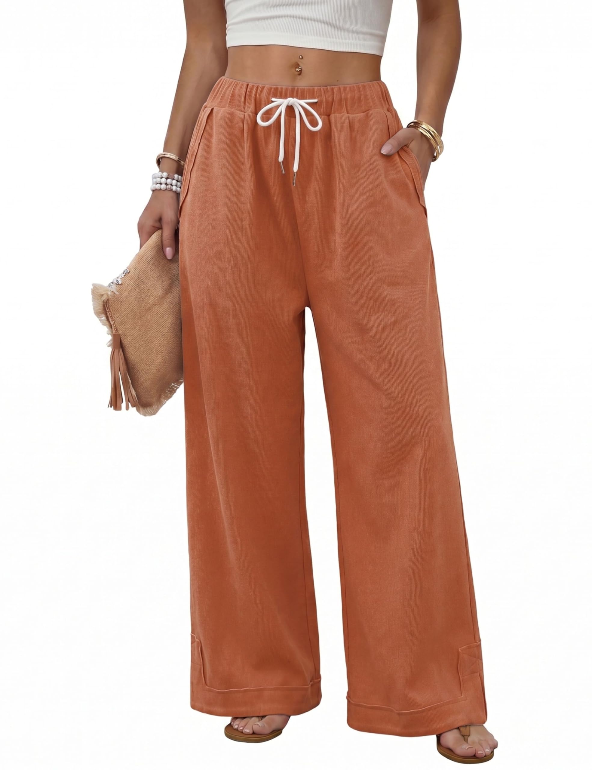 Athlisan Womens Baggy Wide Leg Palazzo Pants Casual Loose Drawstring Elastic Waisted Lounge Trousers with Pockets