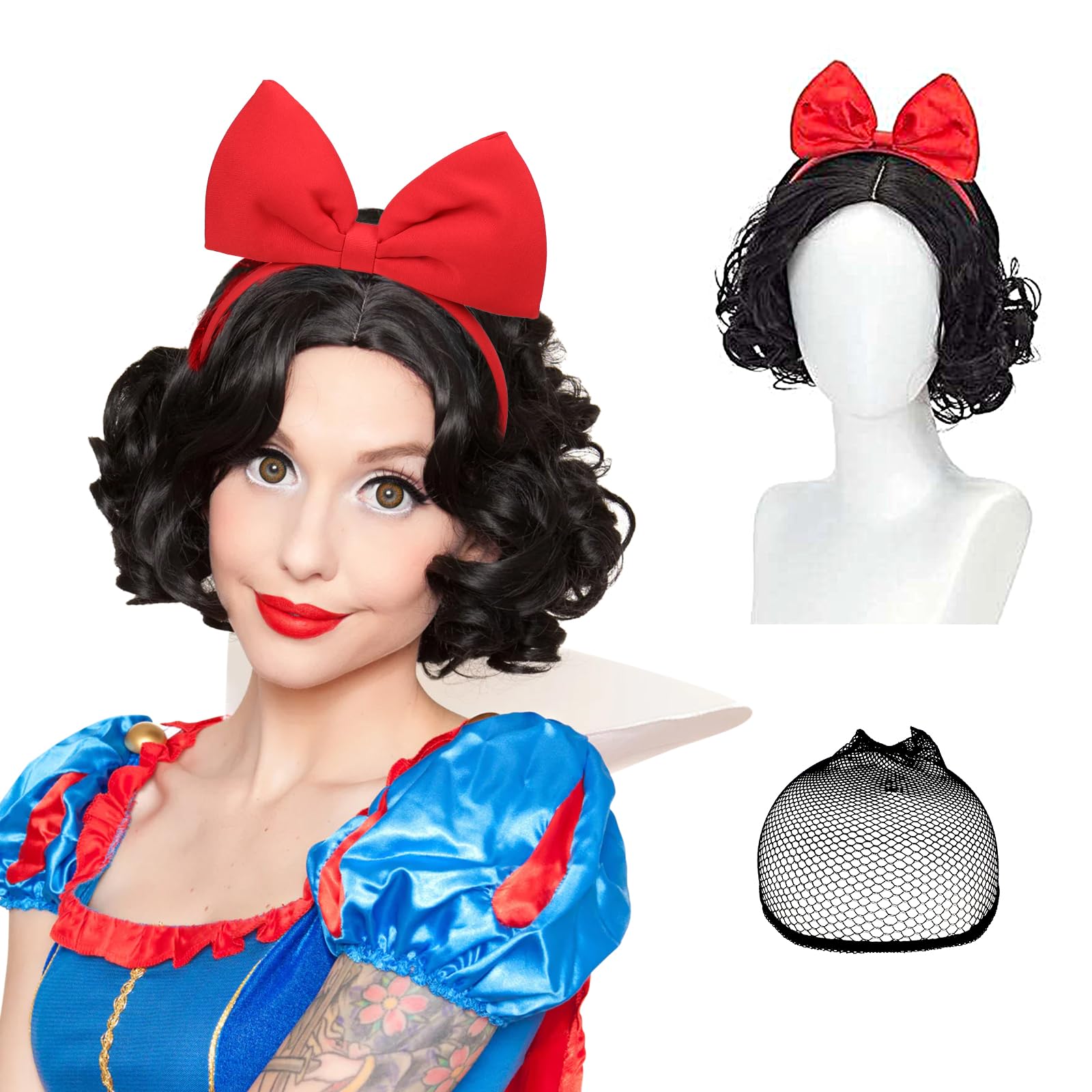 Pwsap 3Pcs Short Black Wavy Wigs for Women with Bow Headband Wig Cap Curly Wigs Layered Natural Synthetic Wig Costume Bob Hair Wig Anime Cosplay Full Head Wigs for Halloween Christmas Party Carnival