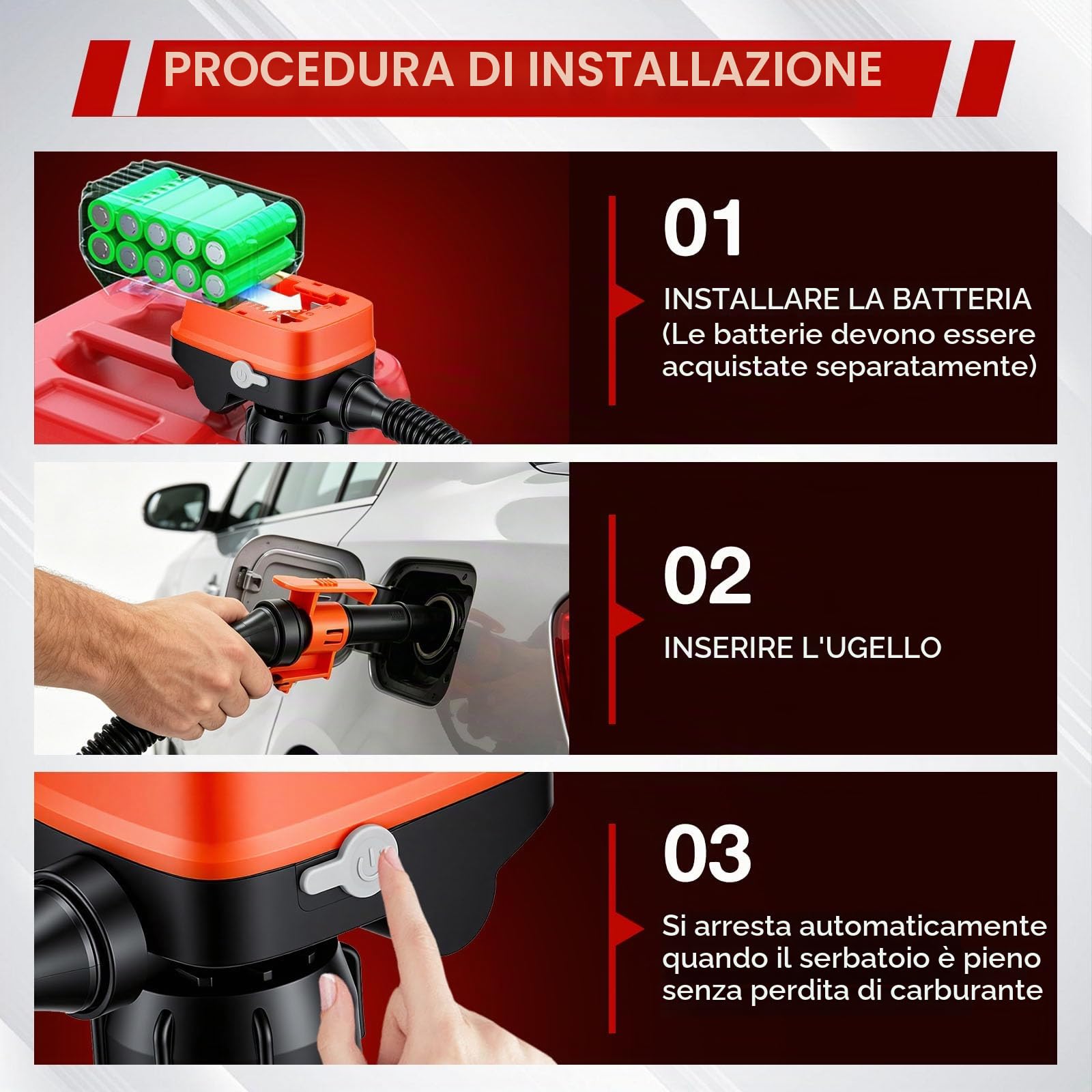 Pompa di trasferimento carburante con sensore auto-stop, pompa benzina elettrica ricaricabile, pompa gasolio portatile, 3 adattatori, pompa multiuso per benzina gasolio olio, Arancione