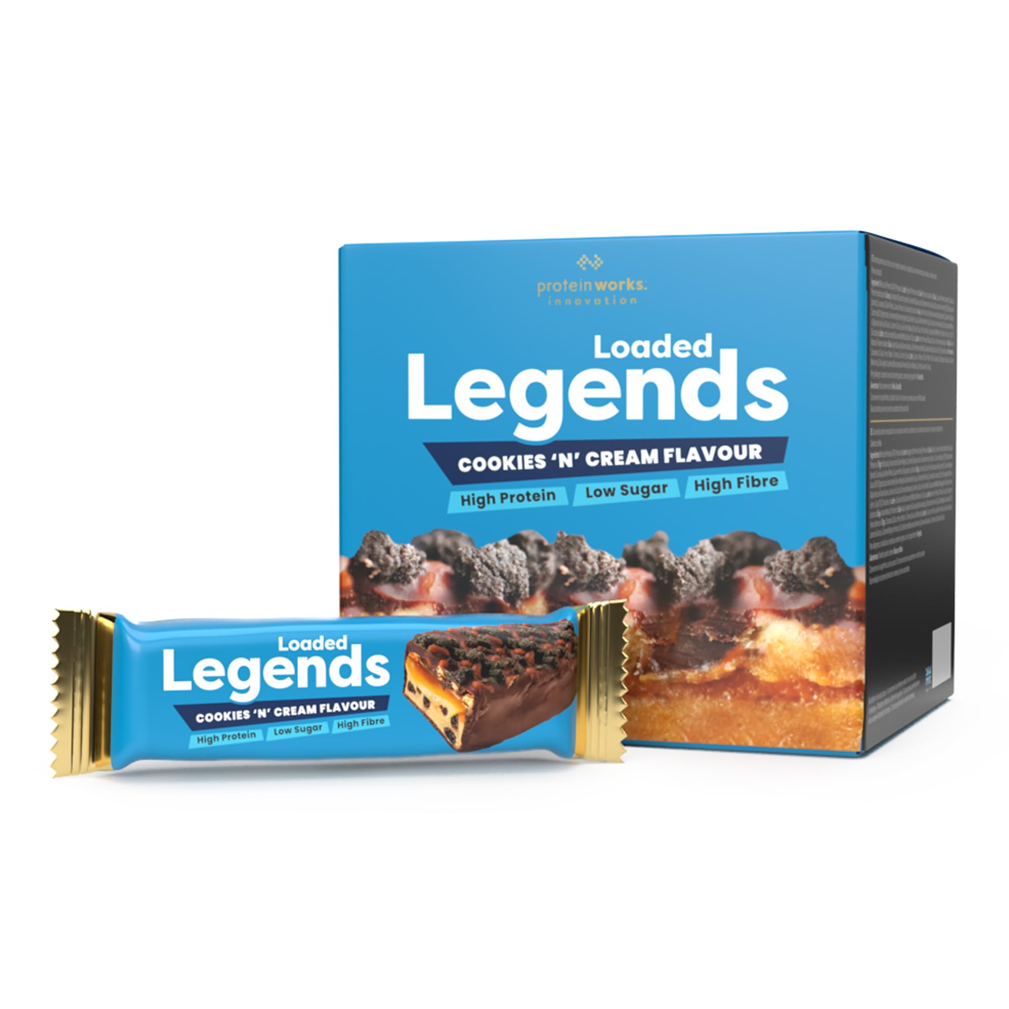 Loaded Legends - Award Winning Protein Bar, Cookies 'n' Cream Flavour, 12 Pack, 14g High Protein Bar, High Fibre, Low Sugar, Premium Taste & Ingredients, Guilt Free Snack | Protein Works