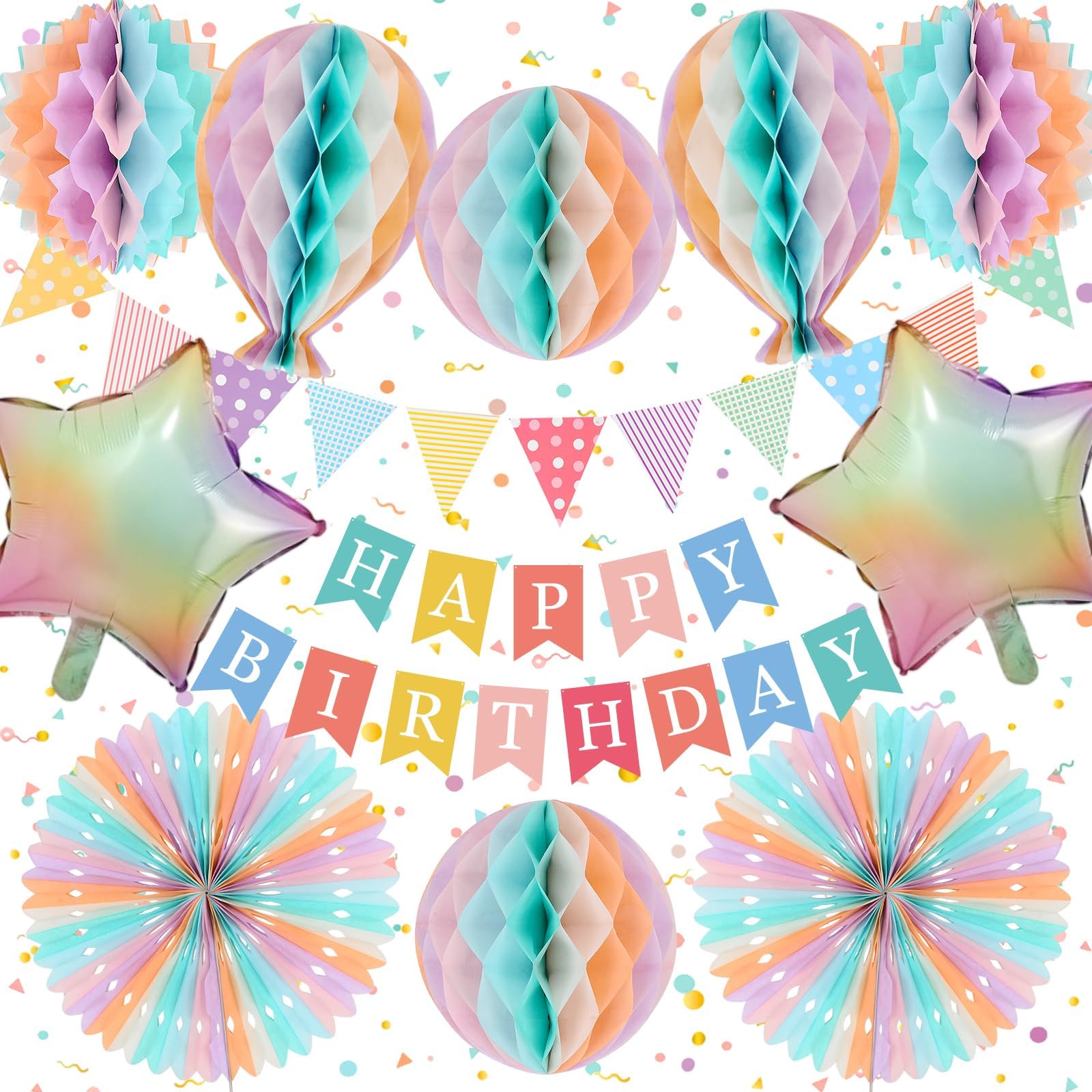 Pastel Happy Birthday Decorations, Macaron Birthday Banner for Girls and Women, Reusable Paper Fans Decorations