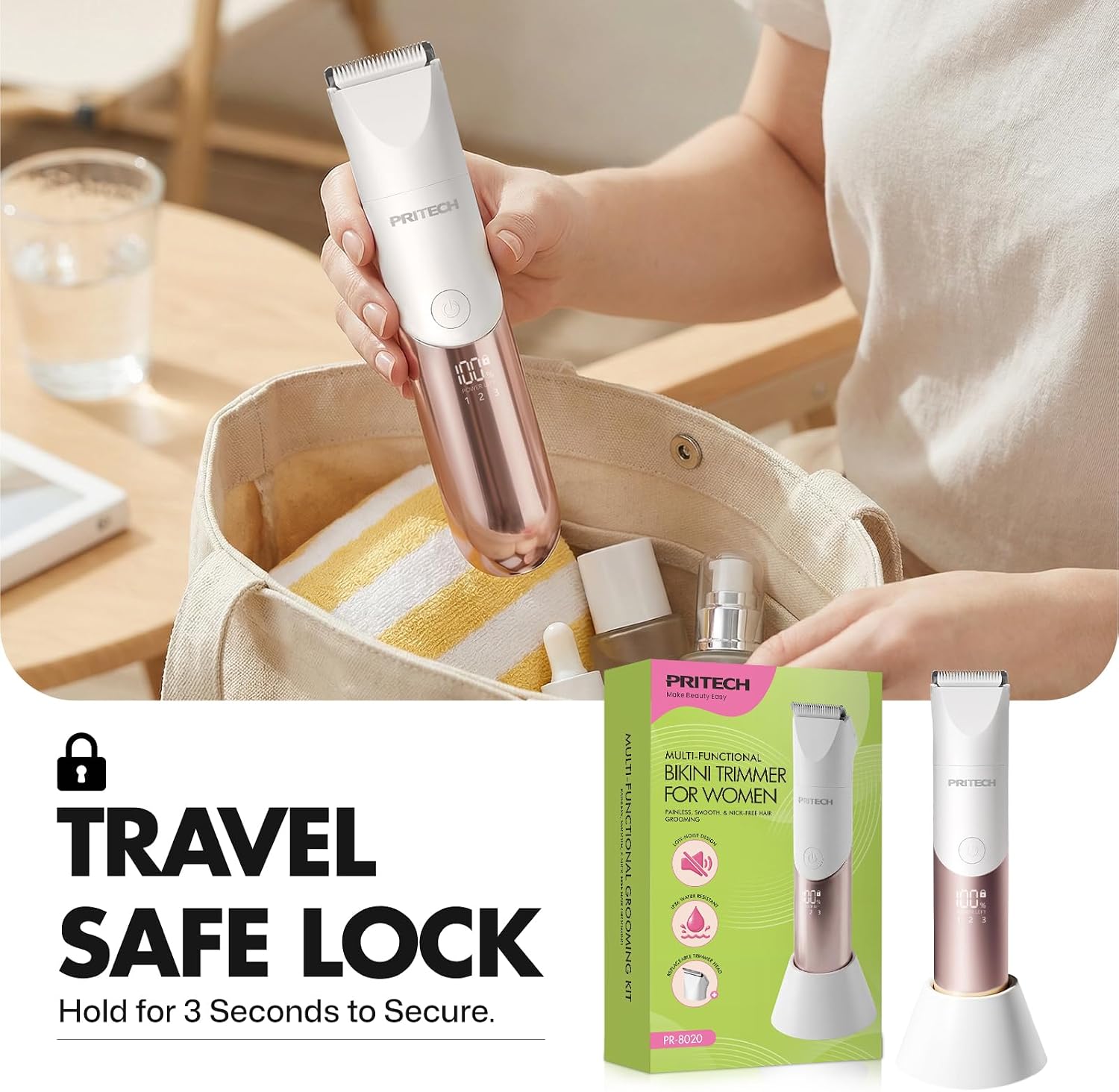 PRITECH trimmer with travel lock feature, shown with its compact storage stand.