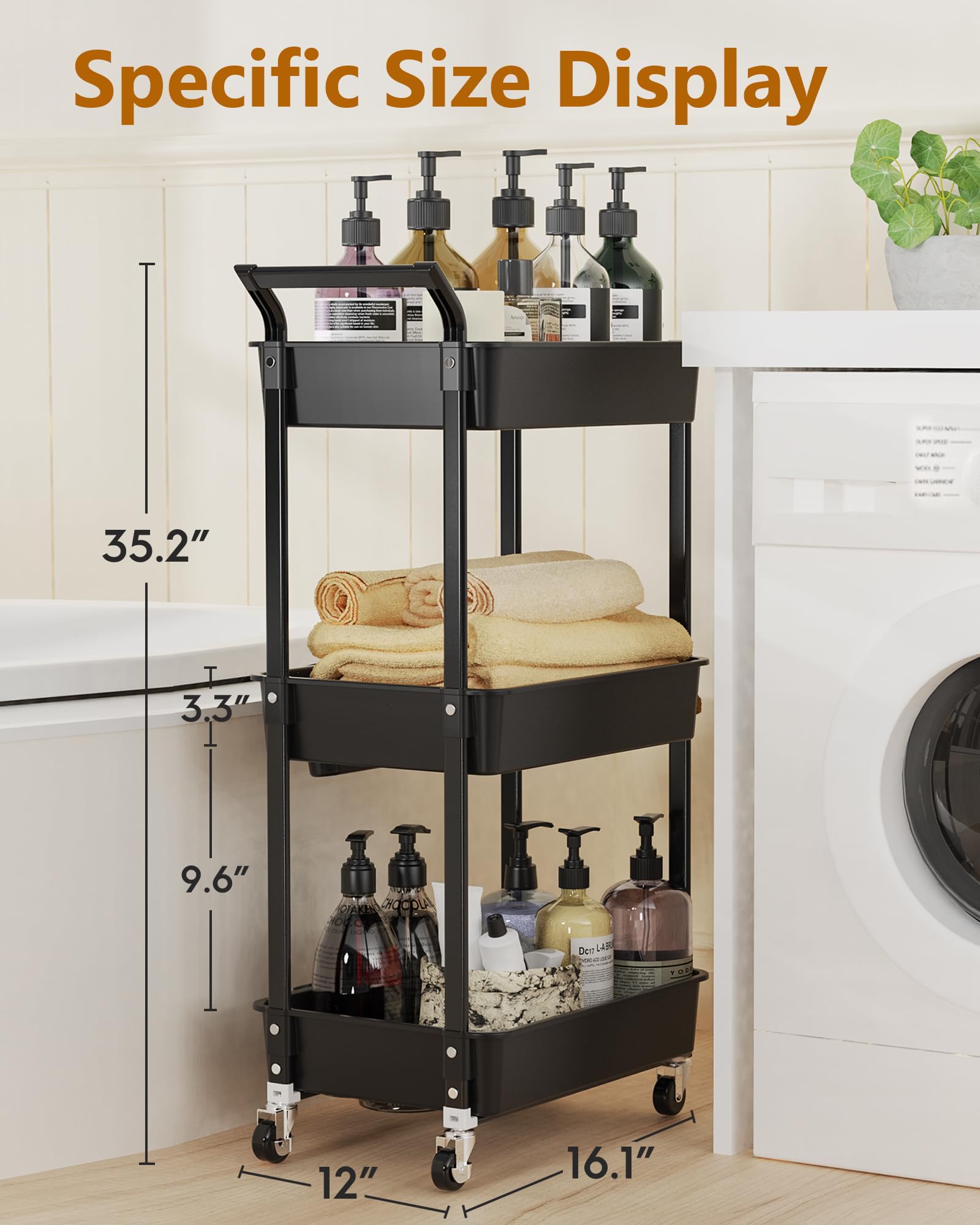 HBTower Rollwagen aus Kunststoff，Küchenwagen 3 Etagen, Servierwagen, mit extra hängenden Tassen, feststellbare Räder für Wohnzimmer, Küche, Büro, Schwarz