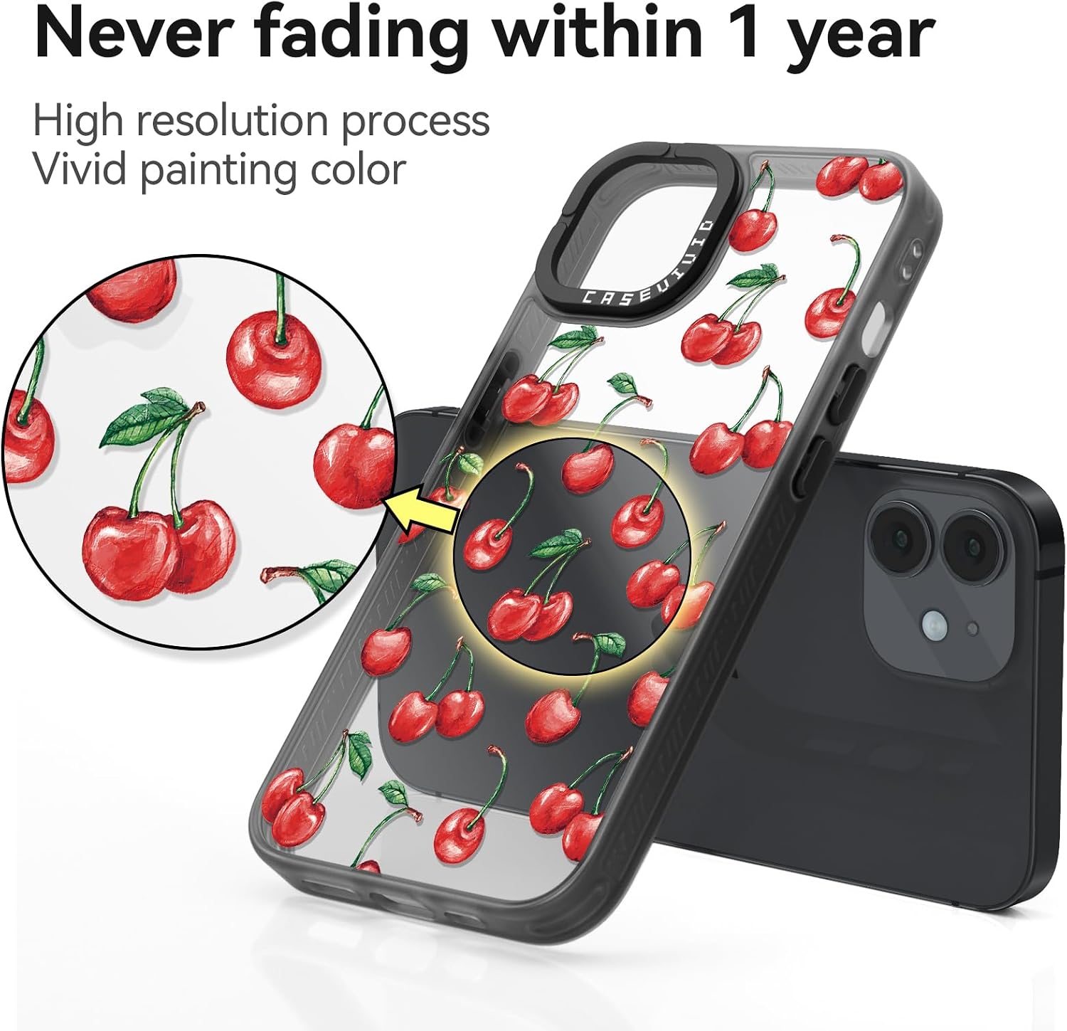 casevivid Compatible for iPhone 12 Case Cute Aesthetic - Durable Fashion Funny Phone Case - Girly Cherry Pattern Print Cover Design for Woman Girl 6.1 inches Black