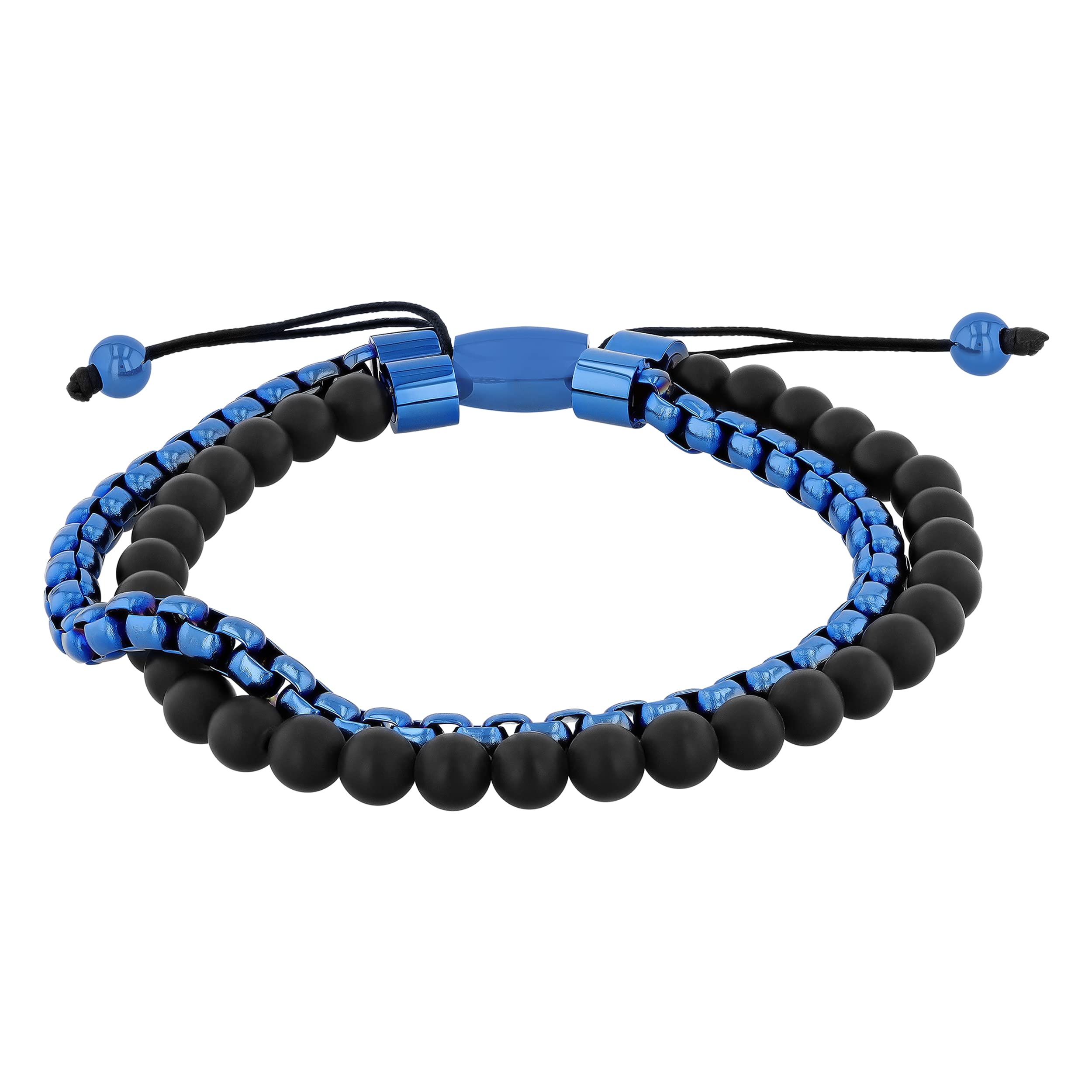 Mens Stainless Steel Bead Beaded Double Strand Rolo Chain Adjustable Nylon Bolo Bracelet