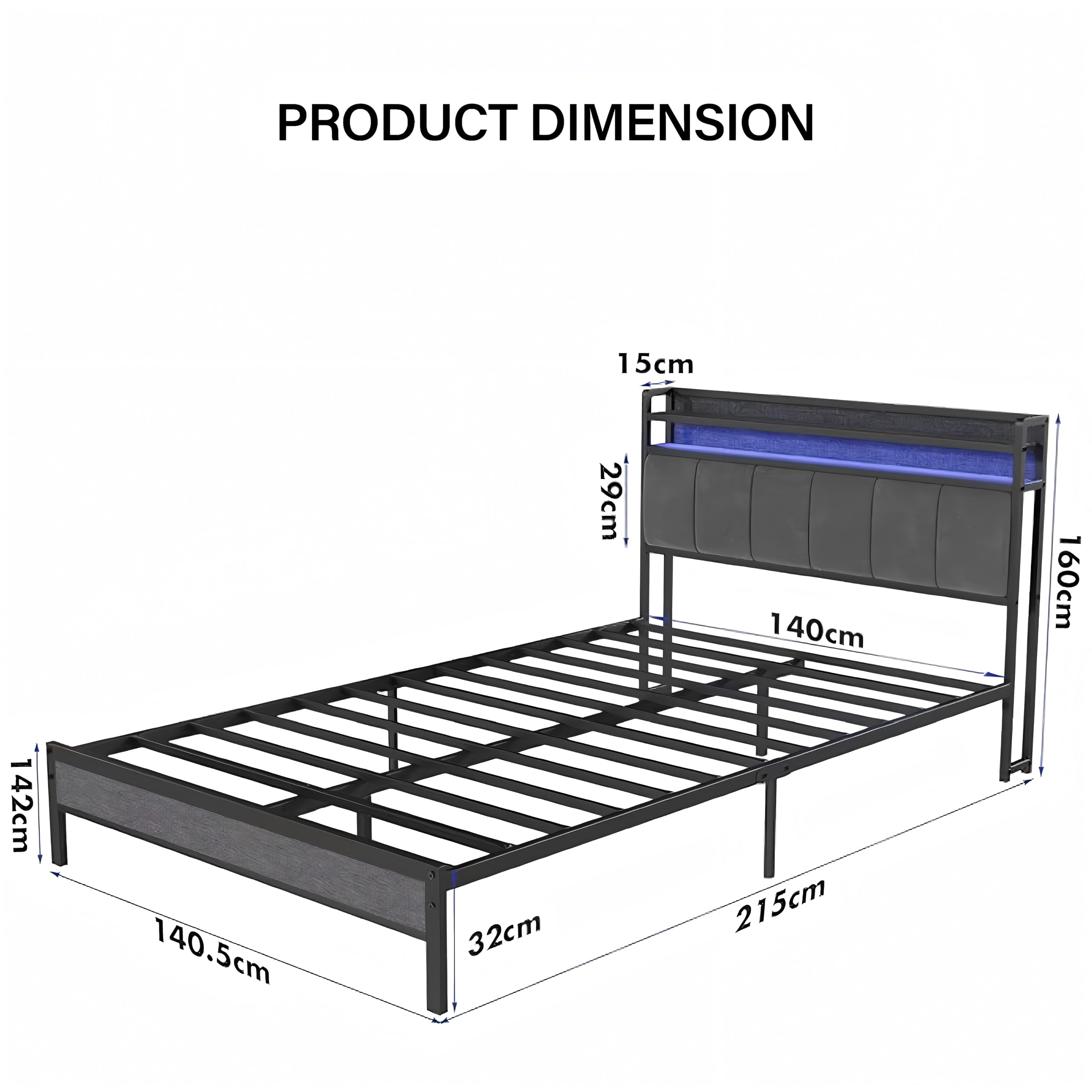 JUMMICO Metall-Bettrahmen 140 * 215 cm Bettgestell Doppelbett mit Kopfteil und LED-Beleuchtung, grau
