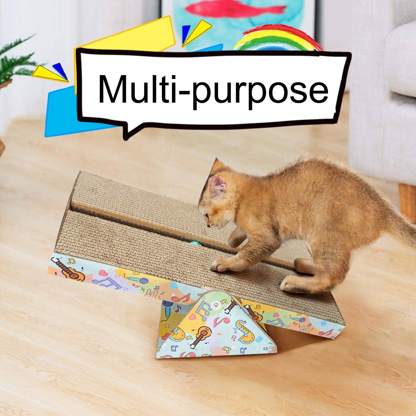 Katzenkratzer Pappe, Wippe Neigung Katze Kratzpad, montierbare Kratzpads Scratch Lounge Bett mit Glocke, 2-in-1 Wellpappe Kratzbrett für Katzen Schlafen und Spielen