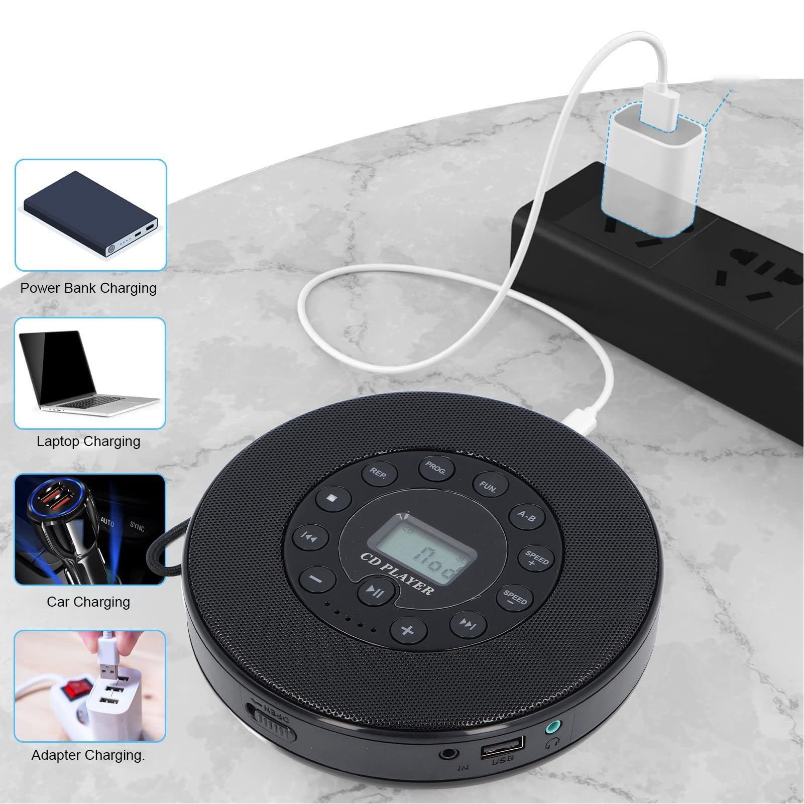 SIXRUN Lettore CD Portatile, Lettore CD Bluetooth ABS con Altoparlante Integrato, Batteria Ricaricabile da 2000 MAh, Uscita da 3,5 Mm per Viaggi in Auto e Ascolto di Musica a Casa (BLACK)