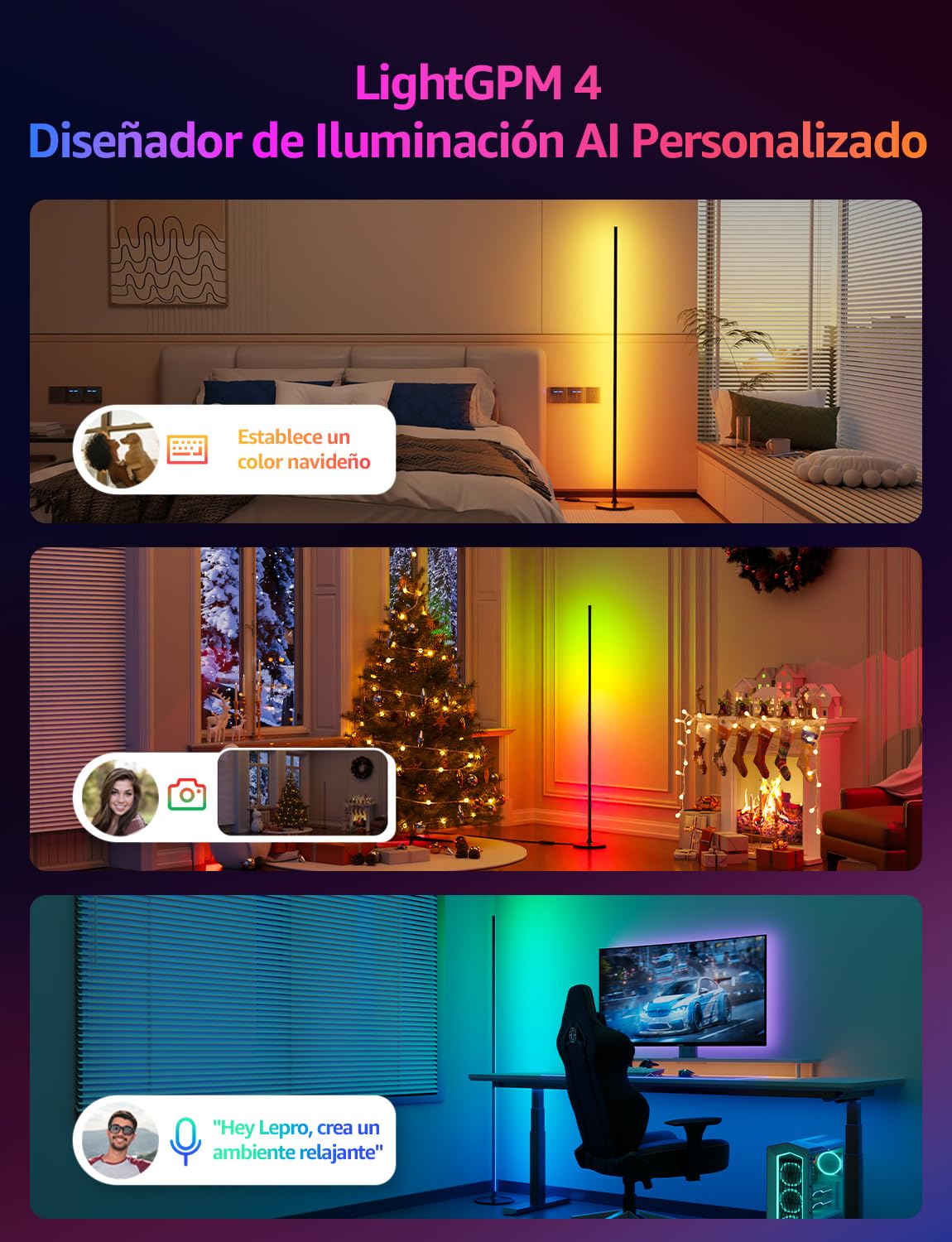 Lepro OE1 AI Lámpara de Pie Inteligente, Control de Voz, Sincronización Música, Fonciona con Alexa y Google Home, Diseñador de Iluminación AI Personalizado, Luz Pie Ambiental para Dormitorio, Sala