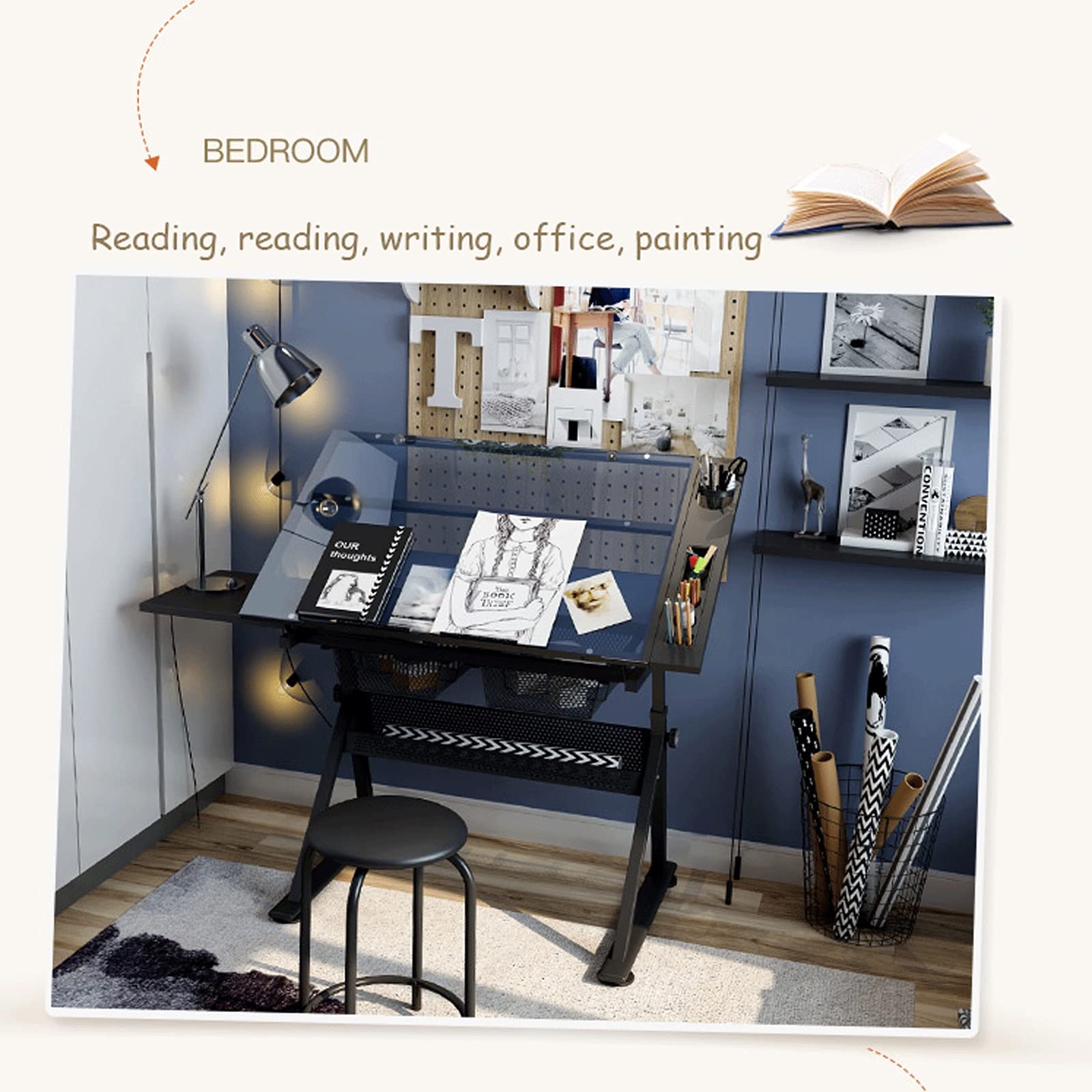 Mesa De Arte De Dibujo De Altura Ajustable, Escritorio De Artistas Mesa De Vidrio Inclinable Estación De Trabajo De Pinturas con Cajón De Almacenamiento, Estación De Trabajo De Artesanía De Escritur