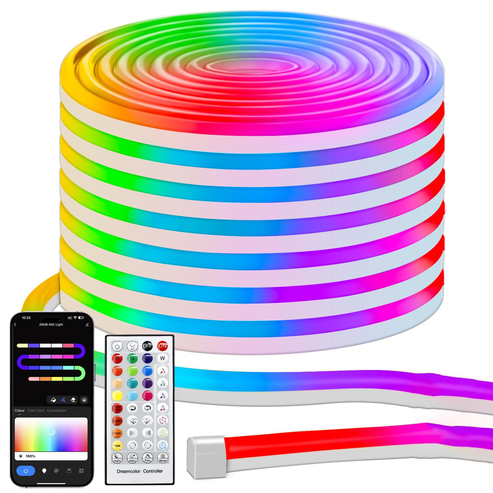 NALACAL Neon Rope Lights RGB Color Changing IC, 33Ft LED Neon Rope Light Outdoor with Music Sync, Flex Strip Lighting, 64 Scene Modes for Bedroom Party Decor - Work with Alexa, Google Assistant