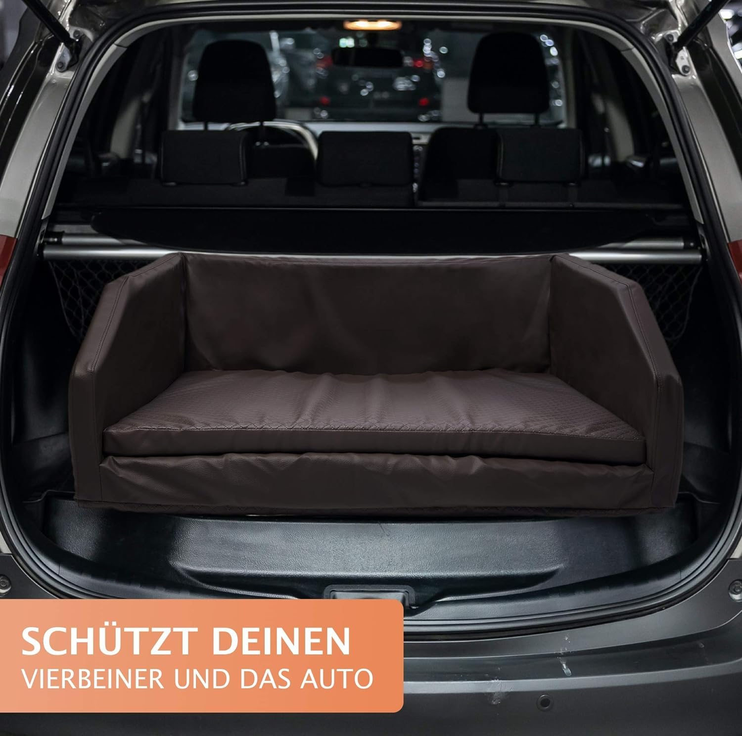 Mayaadi-Home Premium Hundebett - 100 x 80 x 38 cm | Hochwertiger Autositz für Deinen Hund | Autohundebett mit Schutzdecke, Kofferraum Bett aus Kunstleder | Travel Duo Schwarz-Dunkelgrau - L