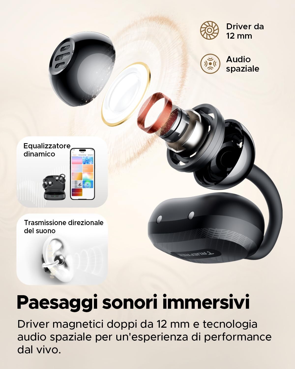 truefree C10 Auricolari Wireless Clip-On Open-Ear, Bluetooth 5.4, Suono Spaziale con Driver 12mm, 28 Ore Autonomia, IPX5 Impermeabili, Chiamate Nitide AI-ENC, App Personalizzabile