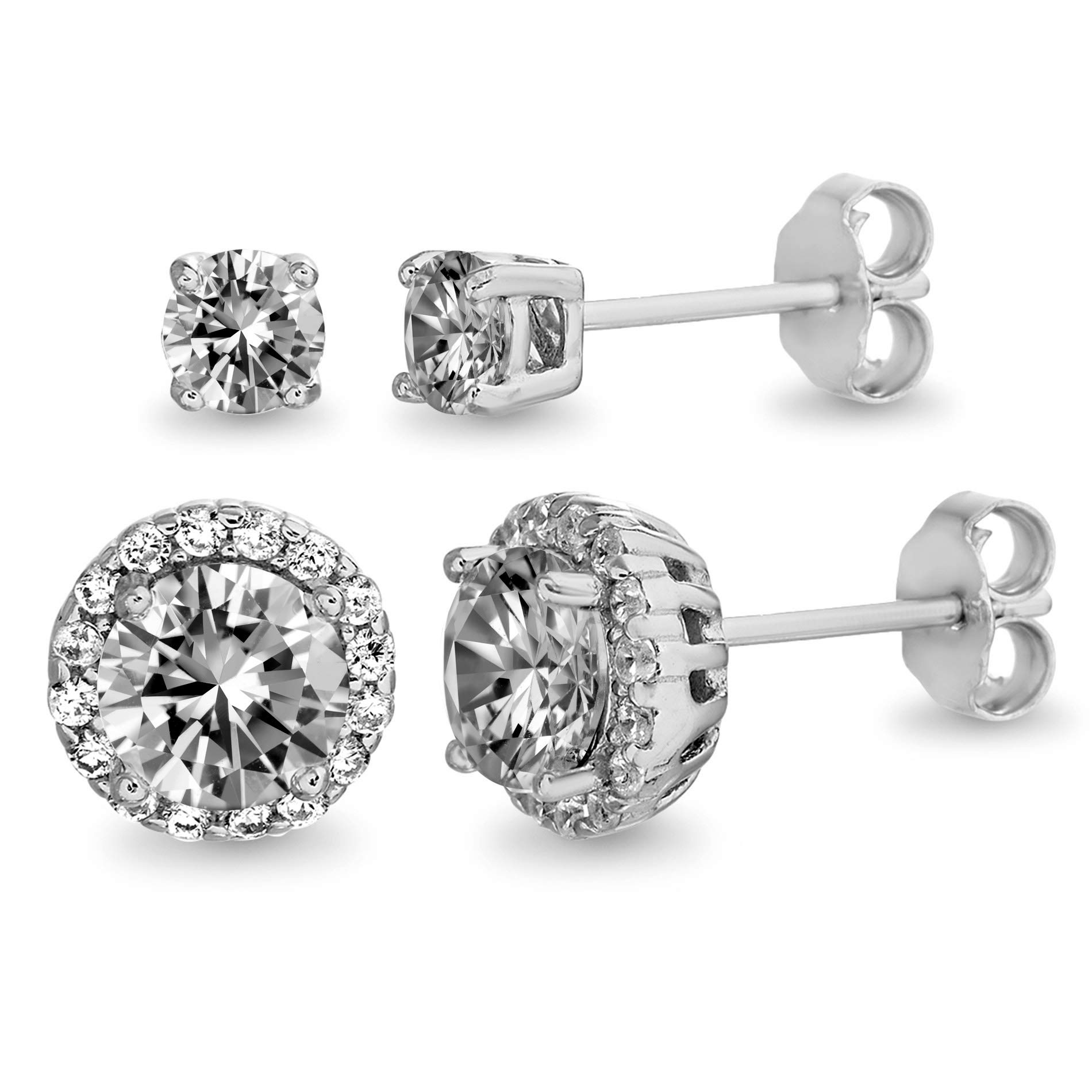 Devin Rose Rhodium Plated Sterling Silver 3-1/2 Cttw 2 Pair 4mm & 7mm Stud and Halo Crystal Earrings Set for Women (White)