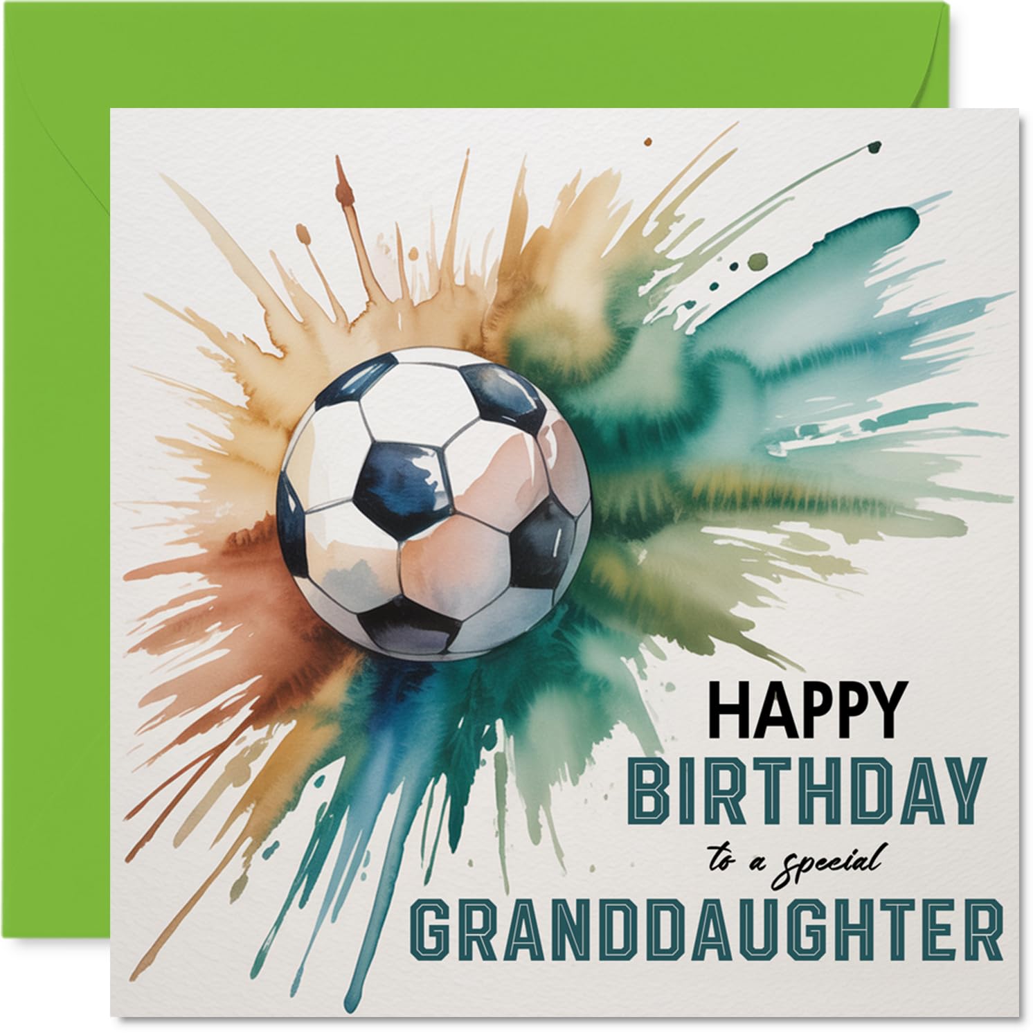 Granddaughter Birthday Card - Watercolour Football Splash - Happy Birthday Card for Granddaughter from Grandad Grandma, 145mm sports themed Bday Greeting Cards